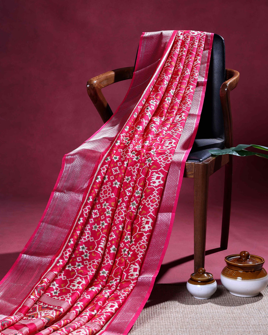 Elegant Dola Silk Saree with Ikkat Inspired Woven Motifs Intricate Floral and Butta Design and Zari Border - Rani Pink