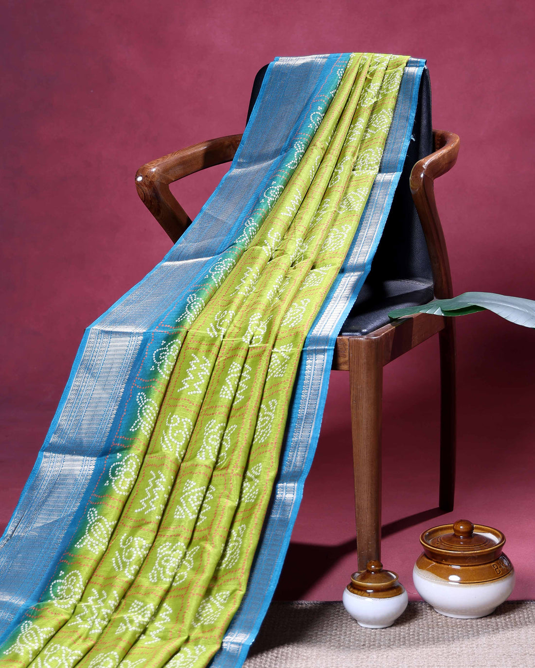 Elegant Dola Silk Saree with Intricate Block Print Motif and Decorative Border - Green