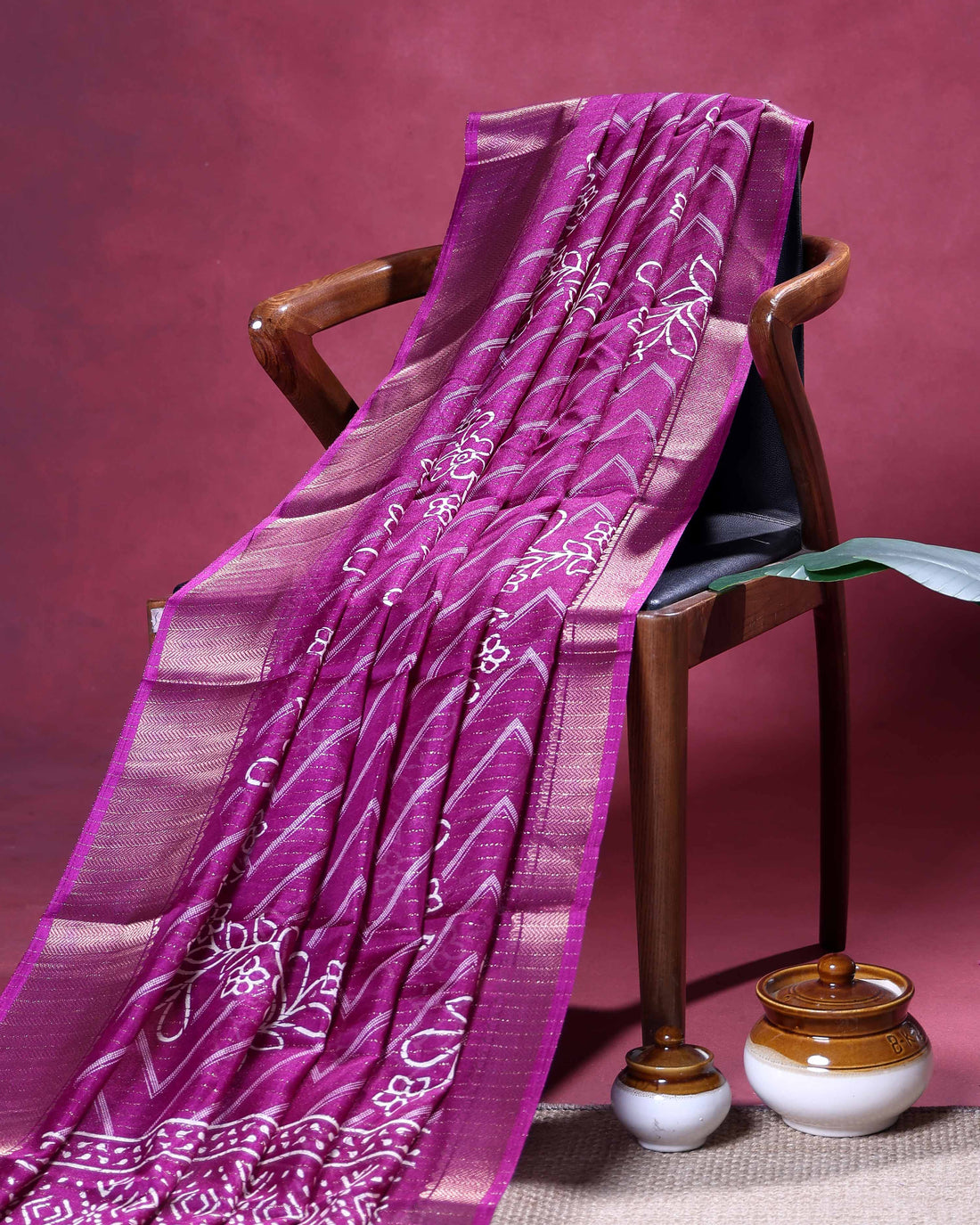Elegant Dola Silk Saree with Intricate Floral Embroidery and Chevron Pattern - Purple