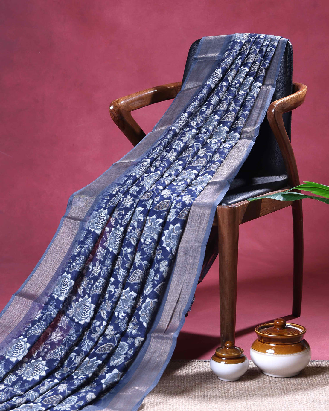 Elegant Dola Silk Saree with Intricate Floral Woven Motifs and Elegant Zari Border - Navy Blue