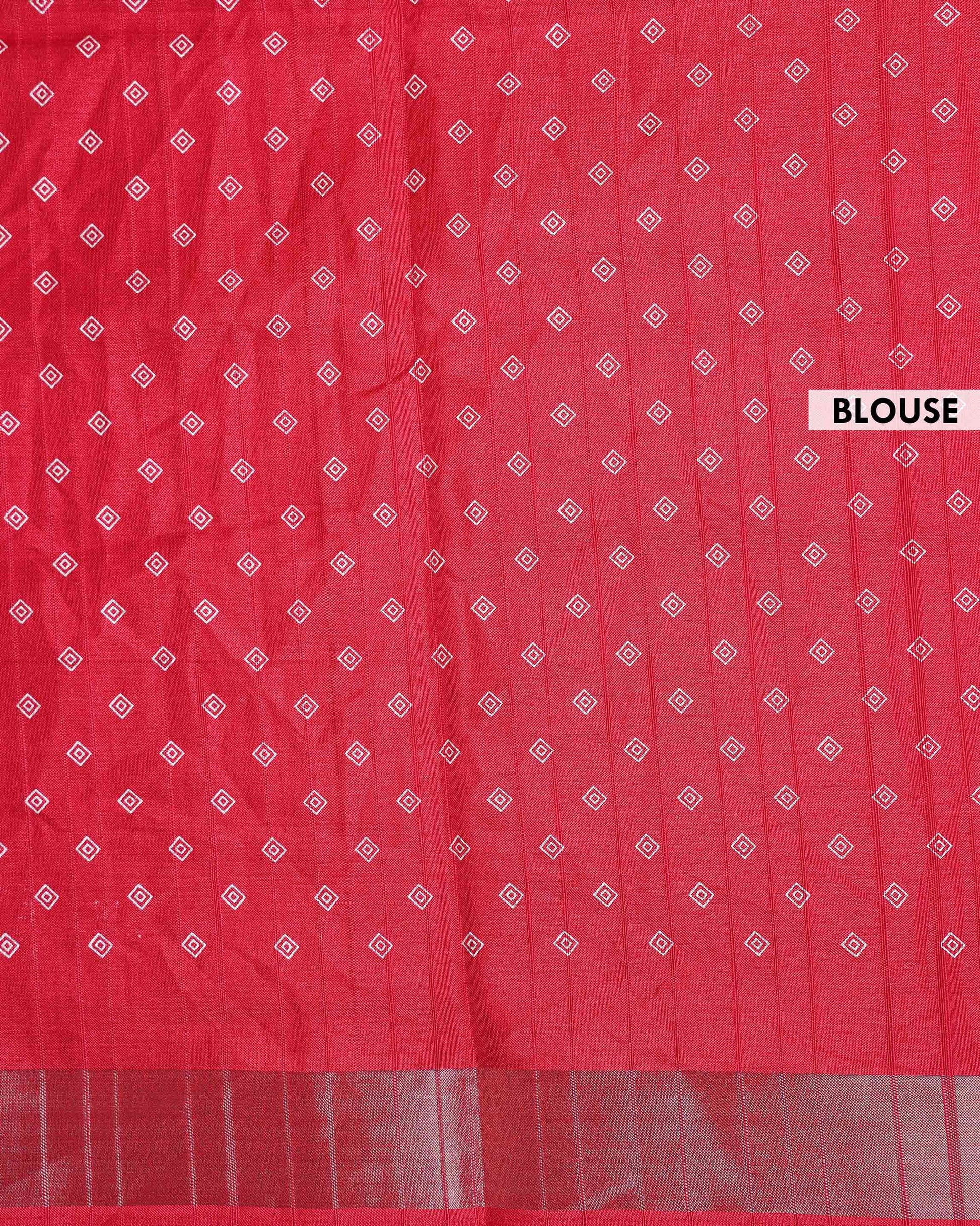 Elegant Dola Silk Saree with Intricate Geometric and Floral Pattern Enhanced by a Contrast Border - Red-Blouse