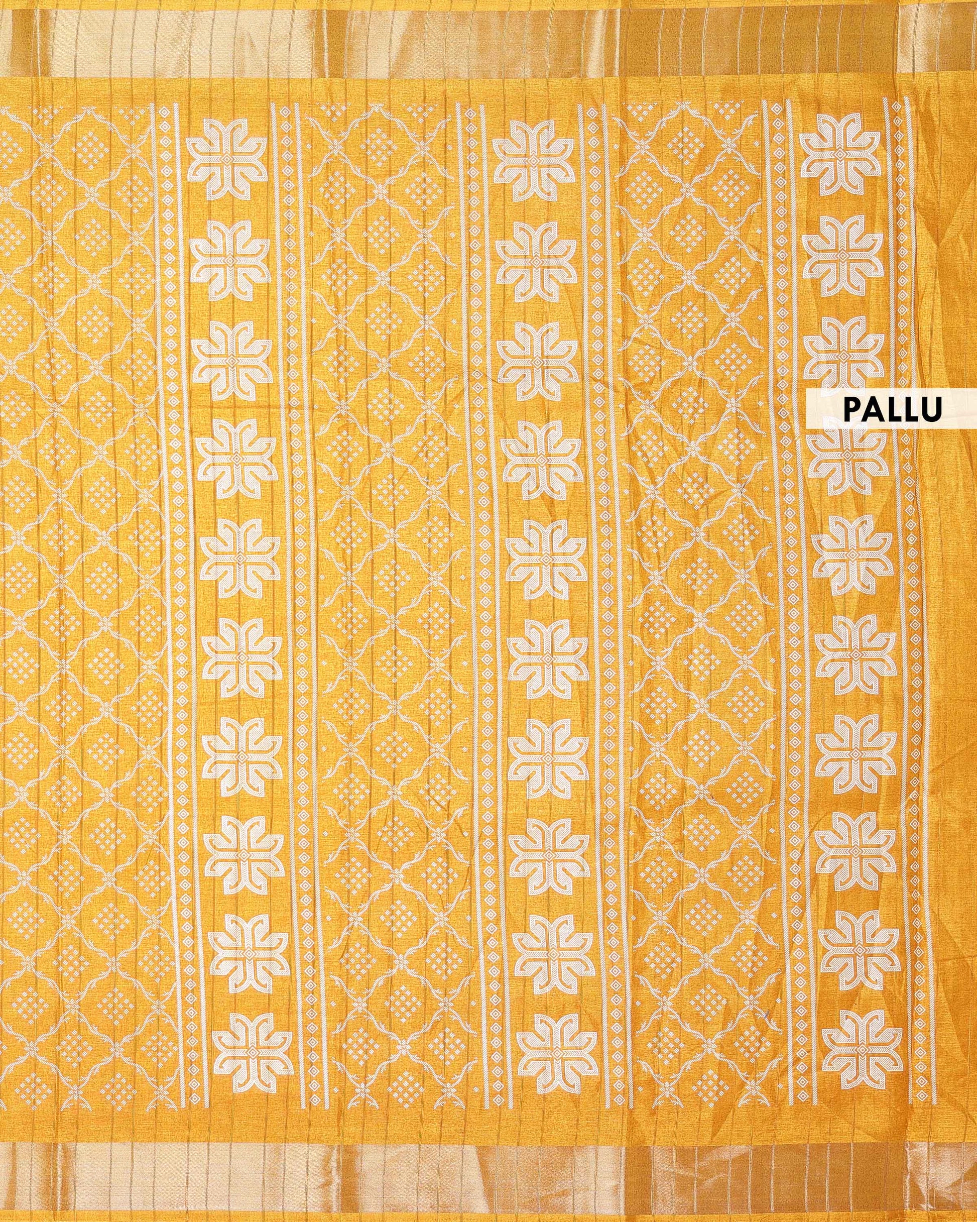 Elegant Dola Silk Saree with Intricate Geometric and Floral Pattern Enhanced by a Contrast Border - Yellow-Pallu