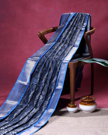 Elegant Dola Silk Saree with Intricate Wave Inspired Buti Motifs and Traditional Zari Woven Border Design - Navy Blue