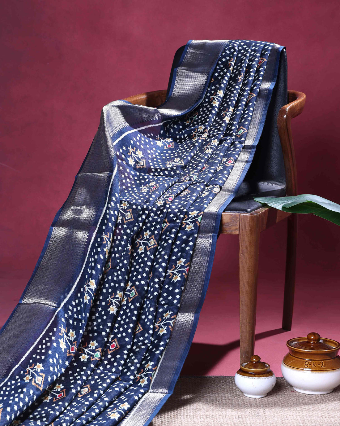 Elegant Dola Silk Saree with Pochampally Inspired Body and a Rich Zari Border - Navy Blue