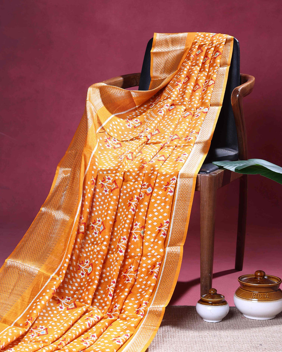 Elegant Dola Silk Saree with Pochampally Inspired Body and a Rich Zari Border - Orange