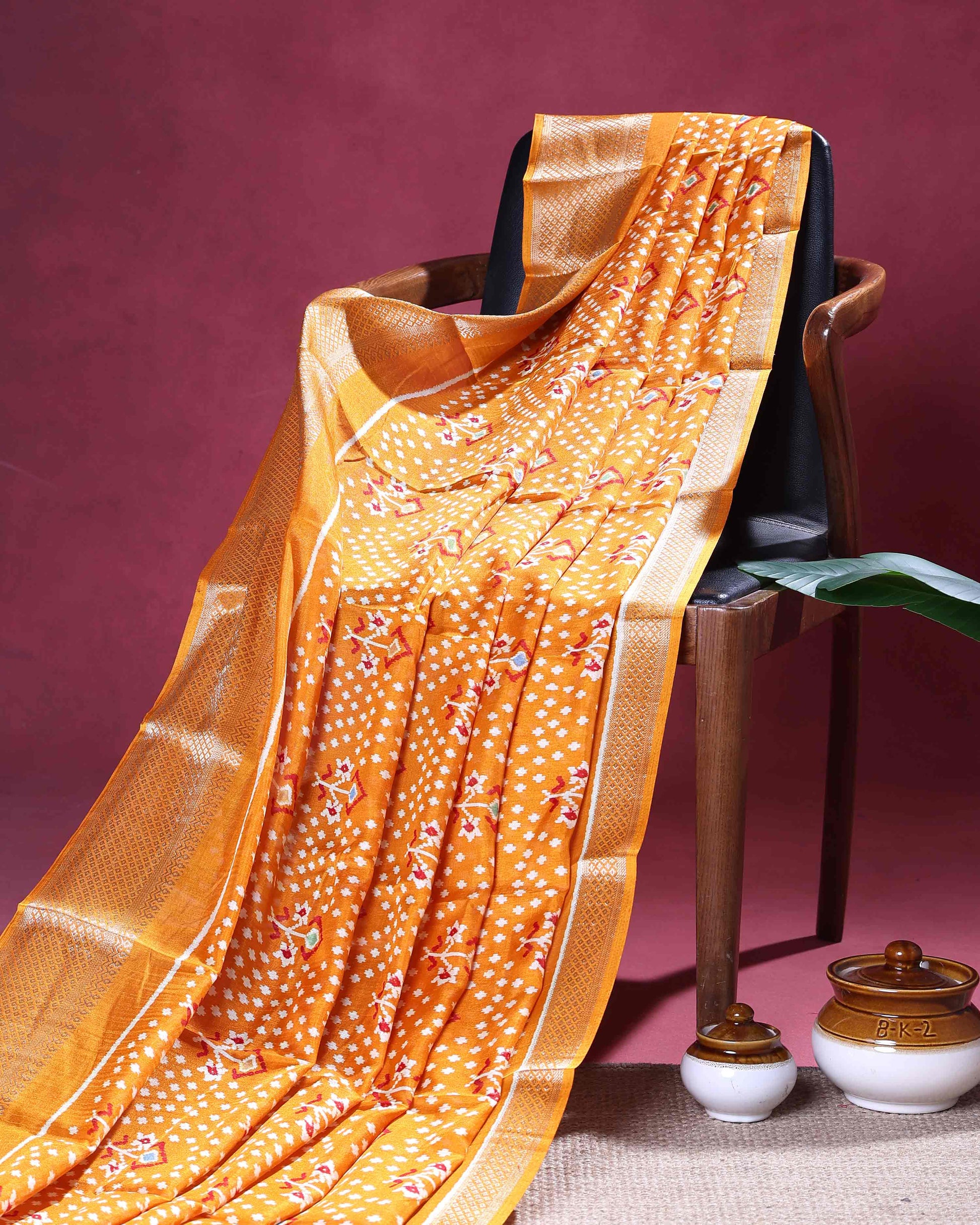Elegant Dola Silk Saree with Pochampally Inspired Body and a Rich Zari Border - Orange