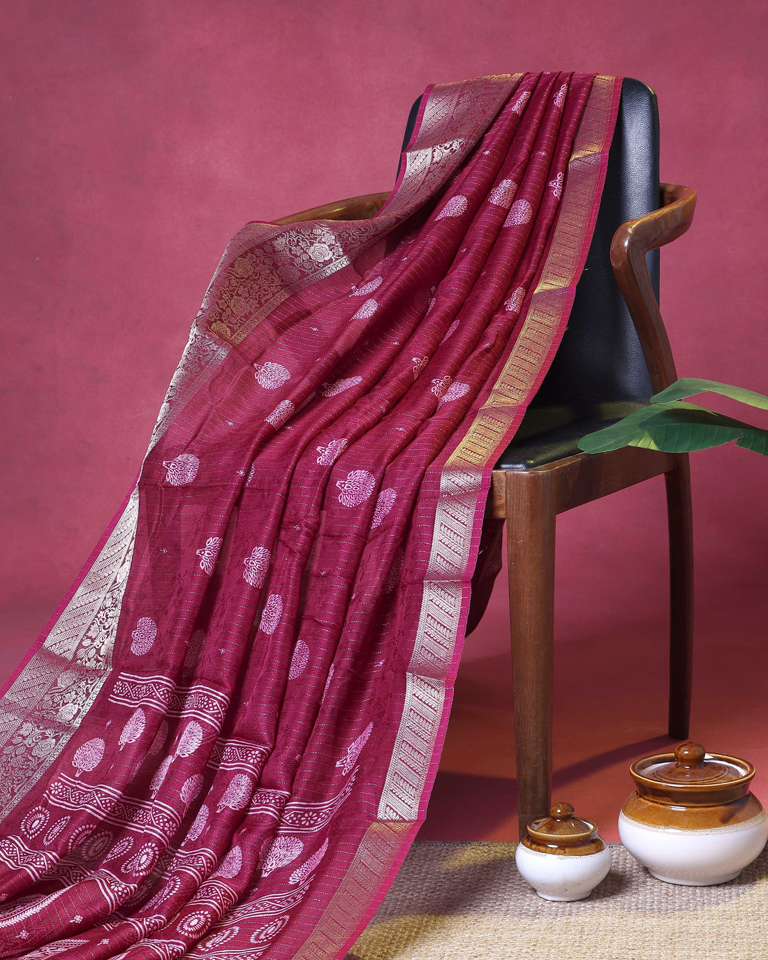 Elegant Dola Silk Saree with Silver Tree Buti Motifs and Rich Woven Zari Border - Burgundy