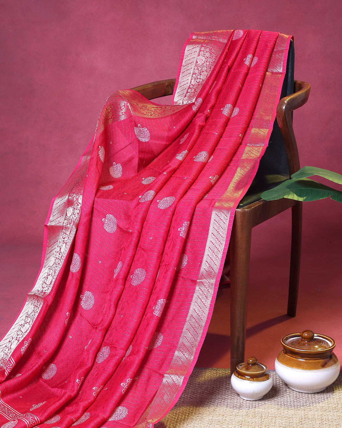 Elegant Dola Silk Saree with Silver Tree Buti Motifs and Rich Woven Zari Border - Pink
