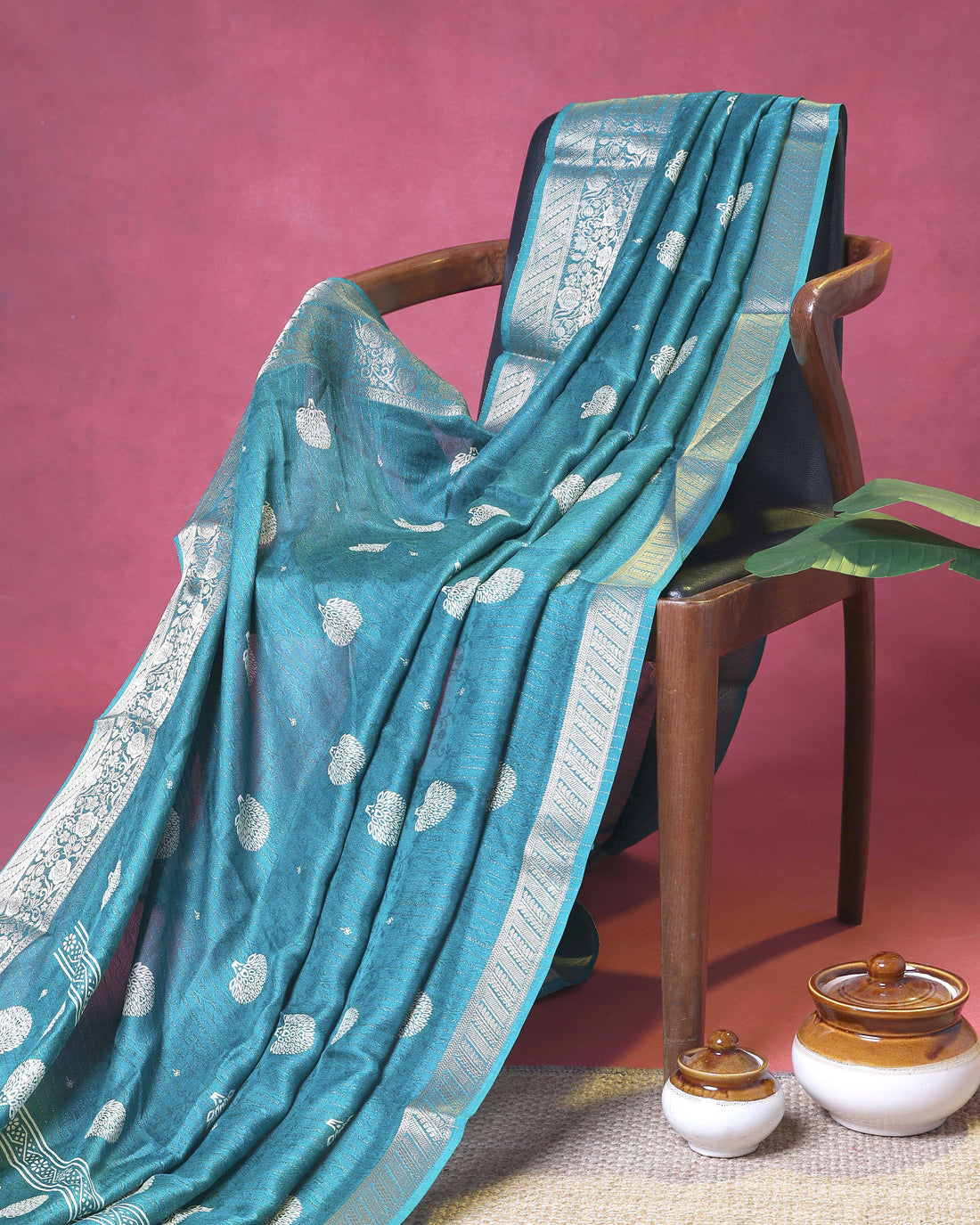 Elegant Dola Silk Saree with Silver Tree Buti Motifs and Rich Woven Zari Border - Teal