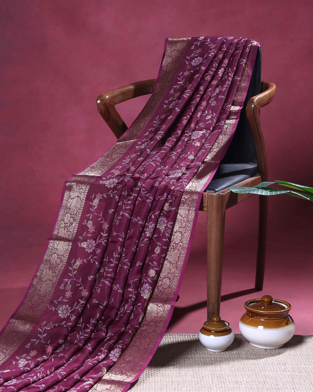 Elegant Dola Silk Saree with Subtle All Over Floral Print and a Graceful Zari Border  - Burgundy