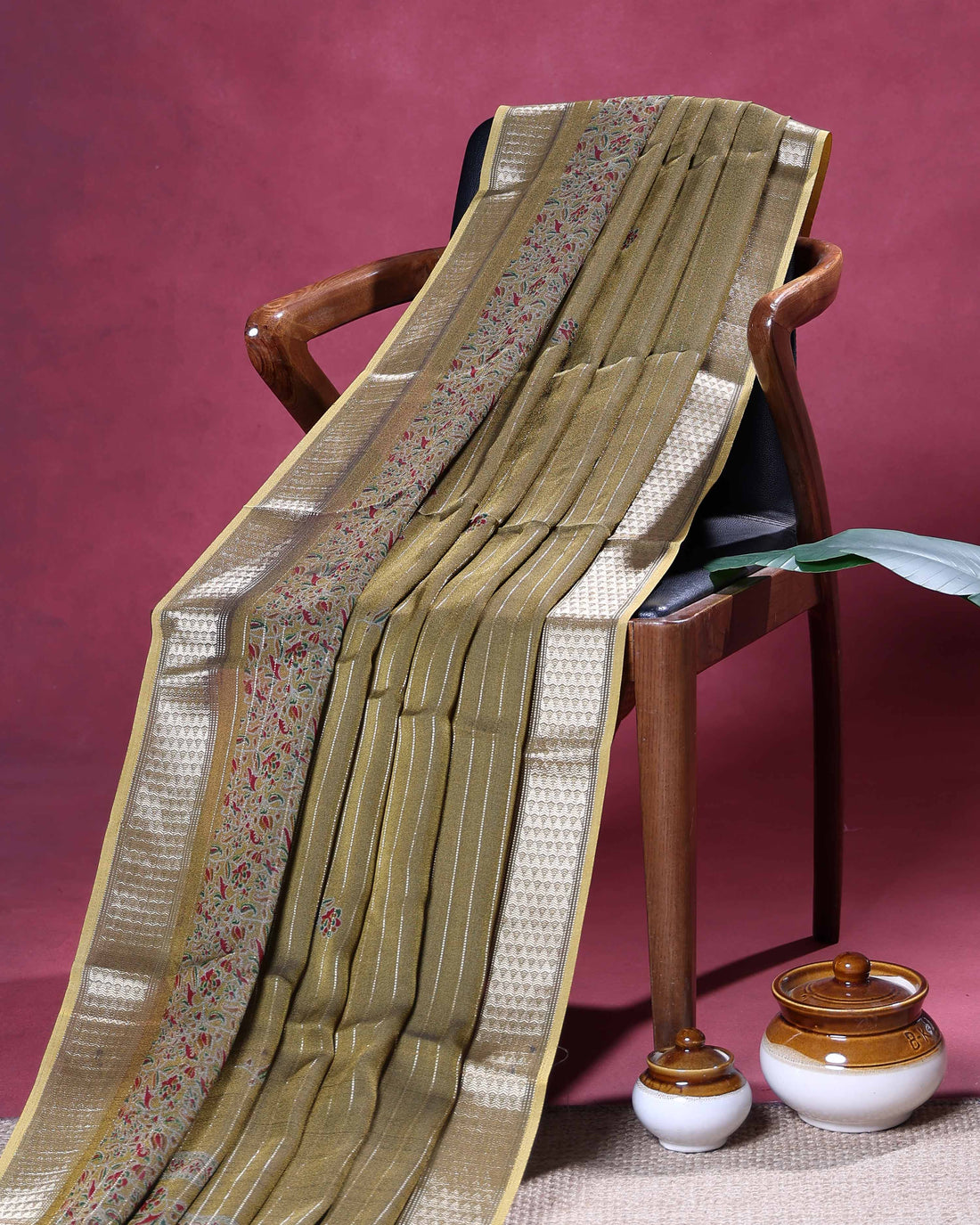 Elegant Dola Silk Saree with Subtle Stripe Pattern Ornate Woven Border and Elegant Pallu Design - Olive Green