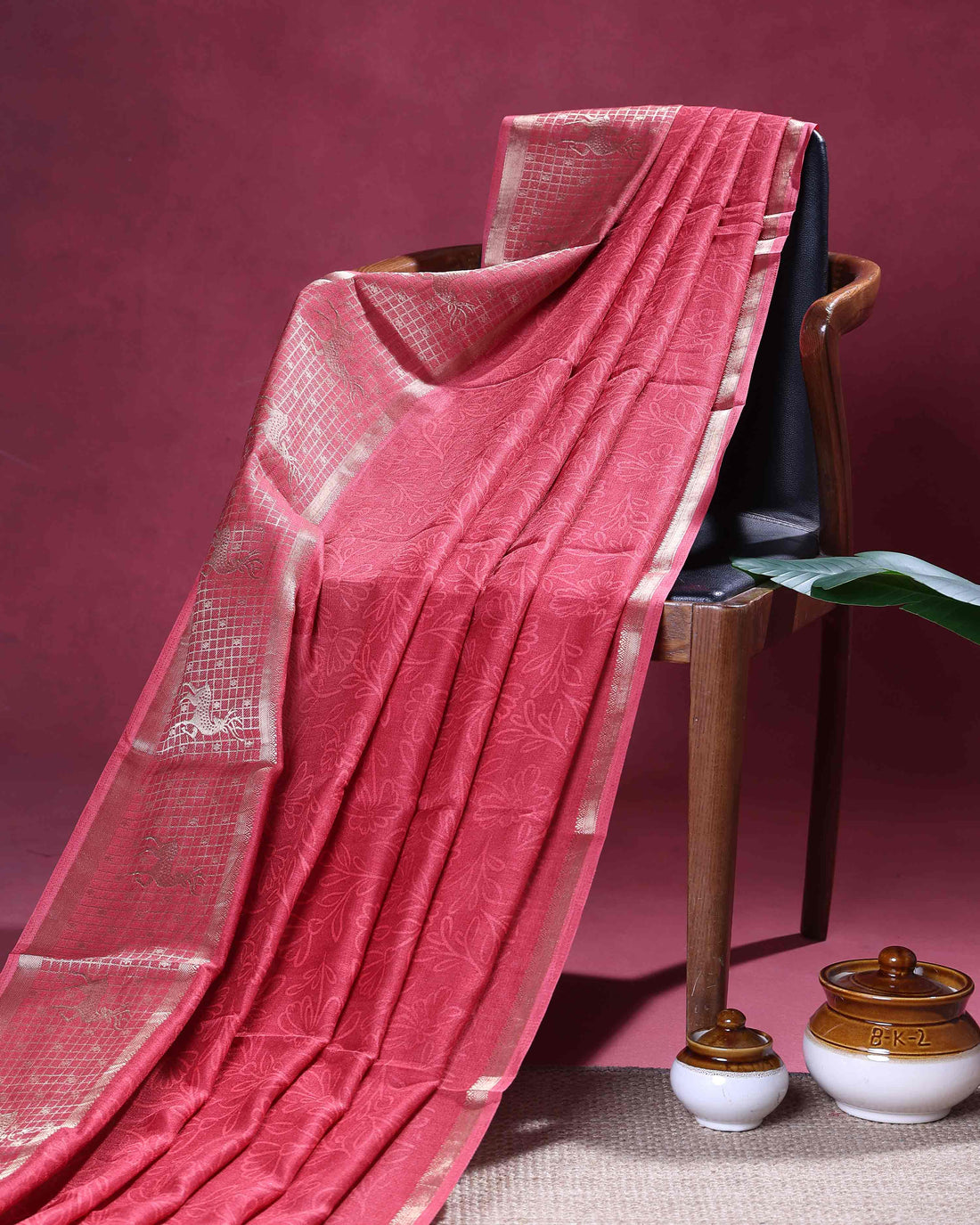 Elegant Dola Silk Saree with Subtle Woven Buttas Graceful Zari Border with Animal Motifs - Cherry Red