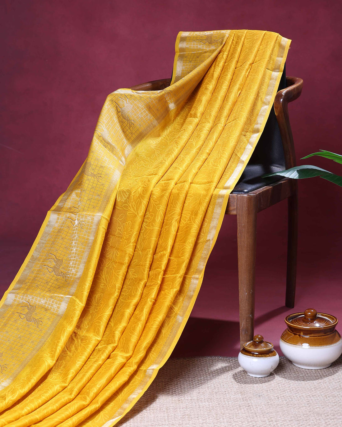 Elegant Dola Silk Saree with Subtle Woven Buttas Graceful Zari Border with Animal Motifs - Yellow