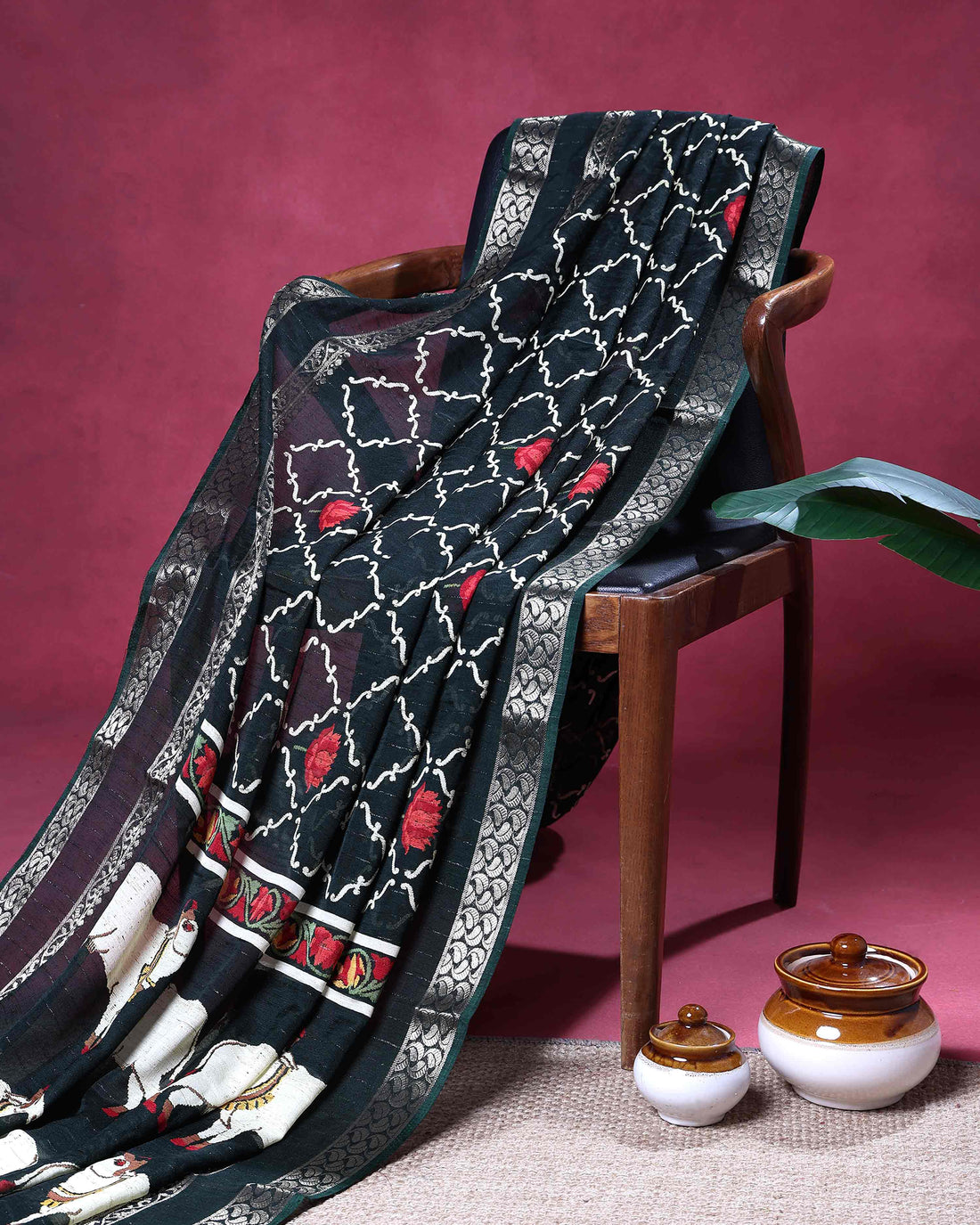 Elegant Dola Silk Saree with Traditional Floral Lattice Patterns And Silver Zari Border - Bottle Green