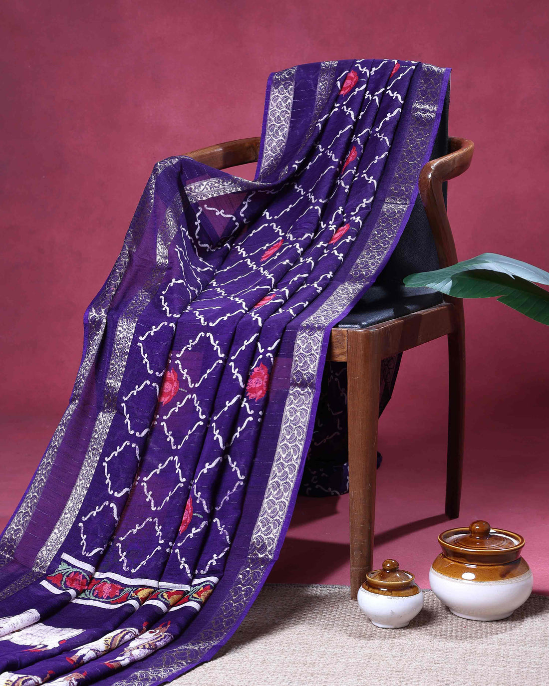 Elegant Dola Silk Saree with Traditional Floral Lattice Patterns And Silver Zari Border - Purple