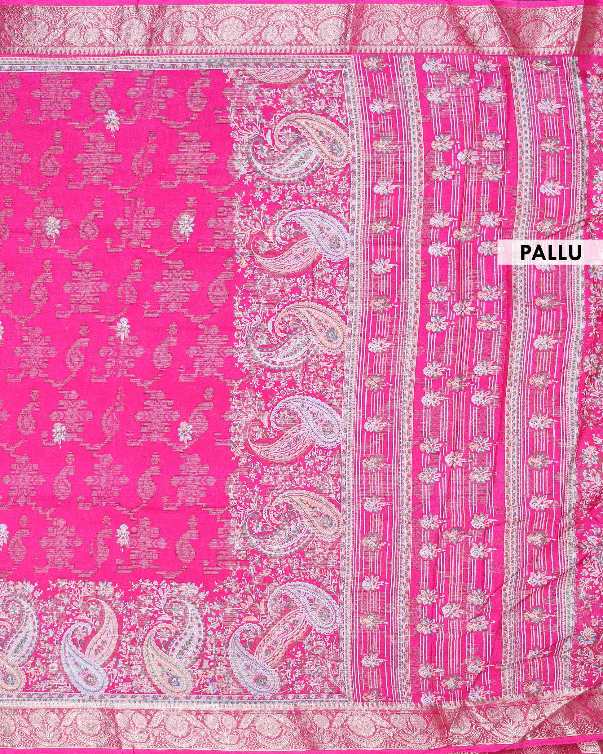 Elegant Dola Silk Saree with Traditional Paisley and Geometric Woven Motifs & Rich Ornate Zari Border - Pink-Pallu