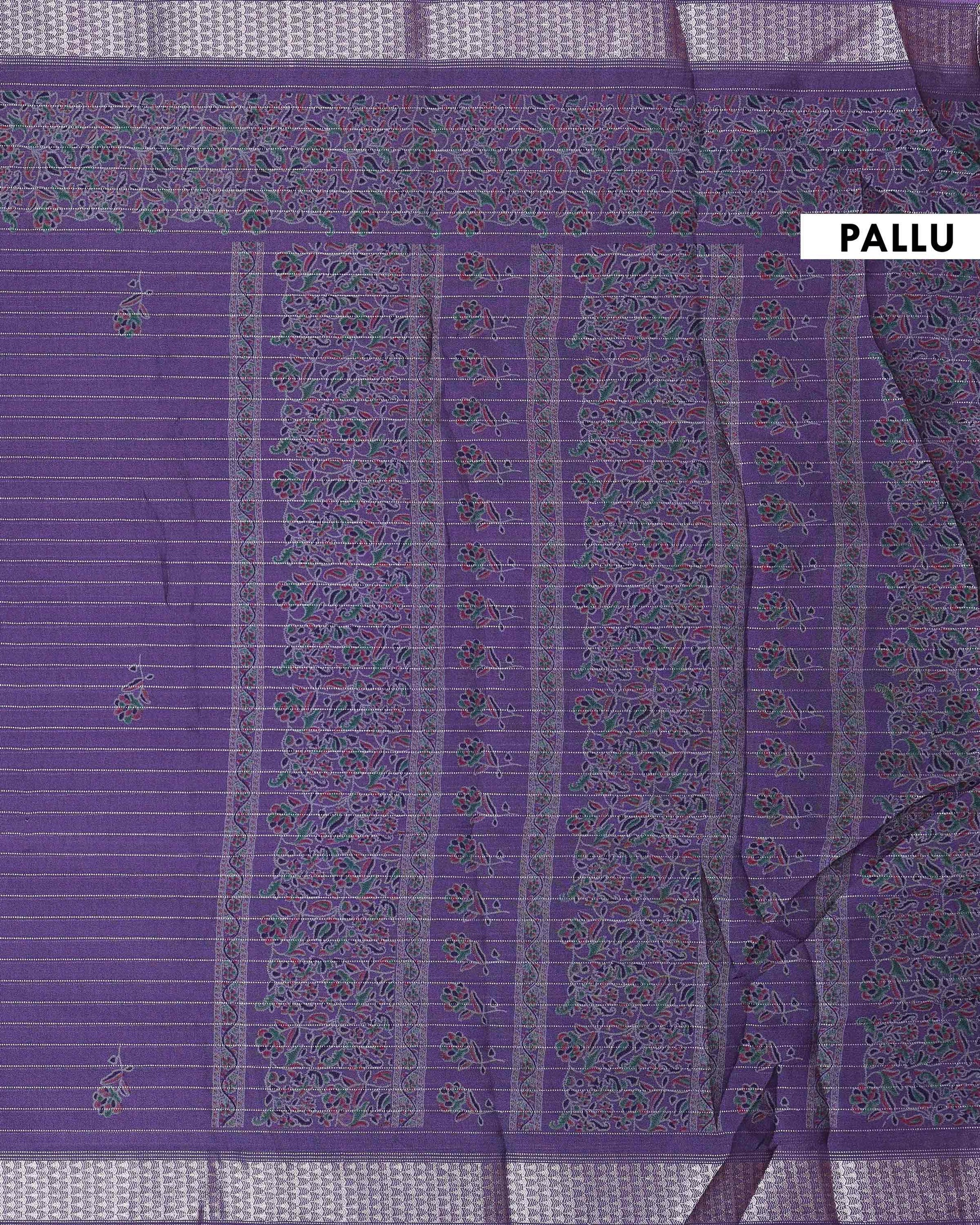 Elegant Dola Silk Saree with Vertical Stripes Intricate Floral Butta Motifs and Traditional Zari Woven Border - Purple-Pallu
