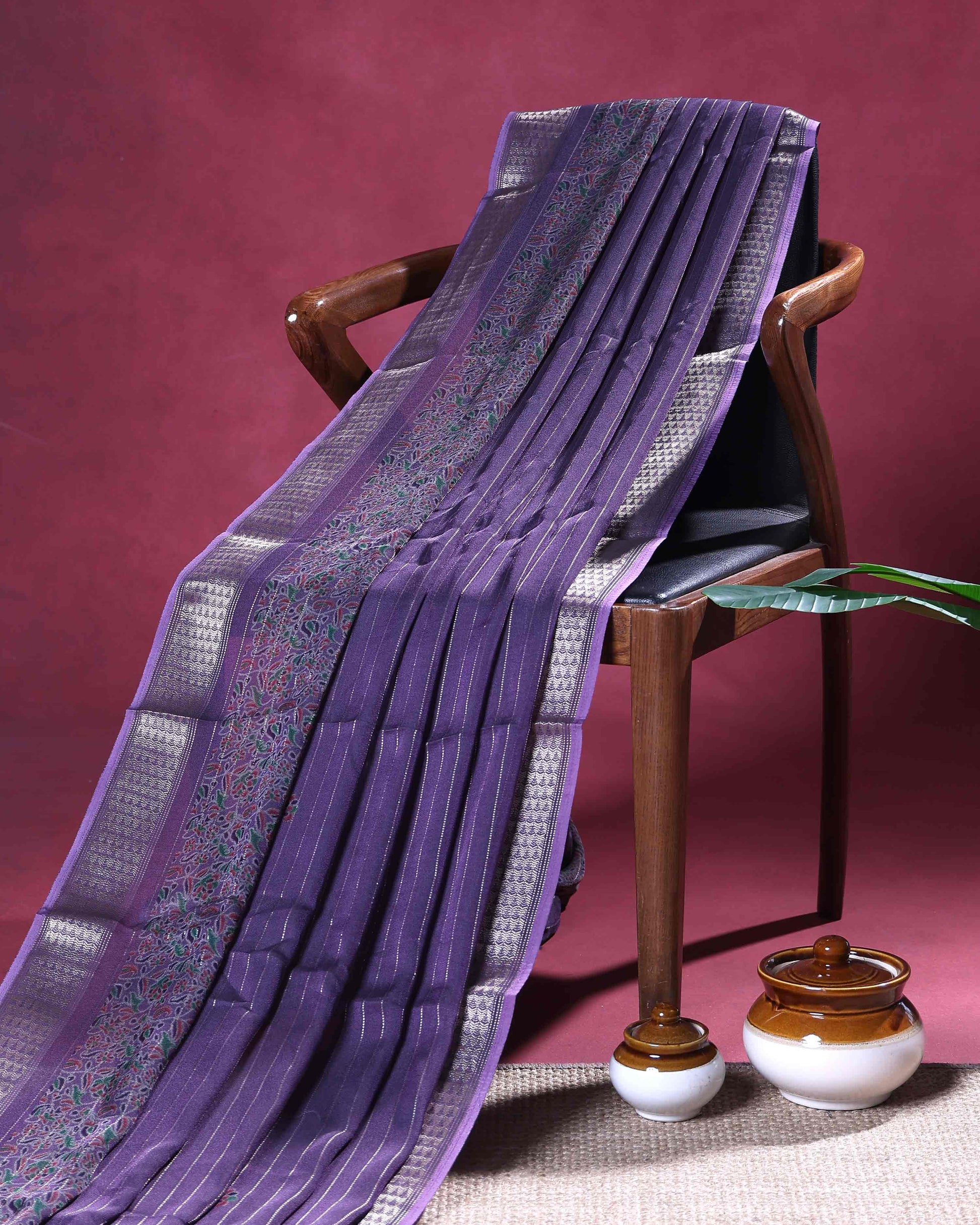 Elegant Dola Silk Saree with Vertical Stripes Intricate Floral Butta Motifs and Traditional Zari Woven Border - Purple