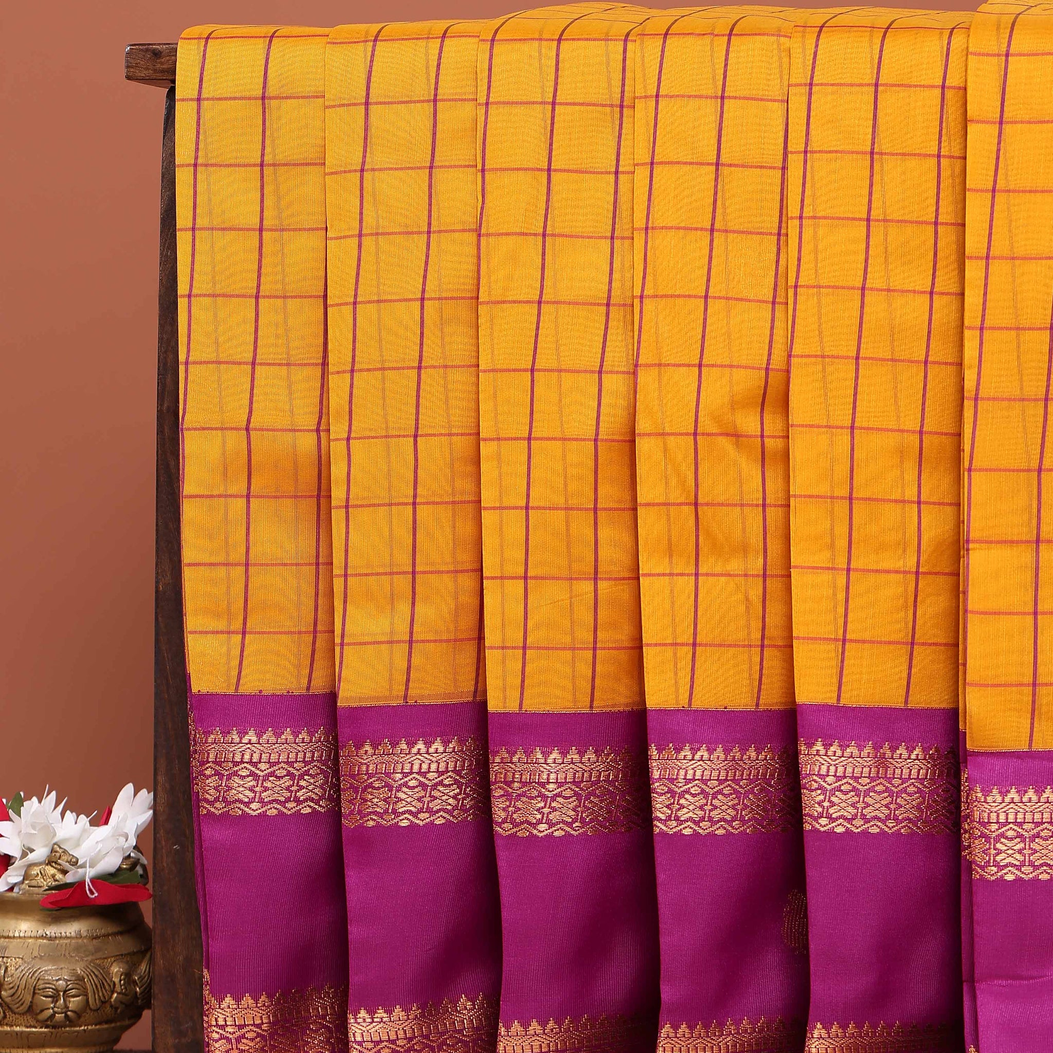 Elegant Elampillai Handloom Silk Cotton Saree with All-over Checks and Contrast Zari Border  - Yellow