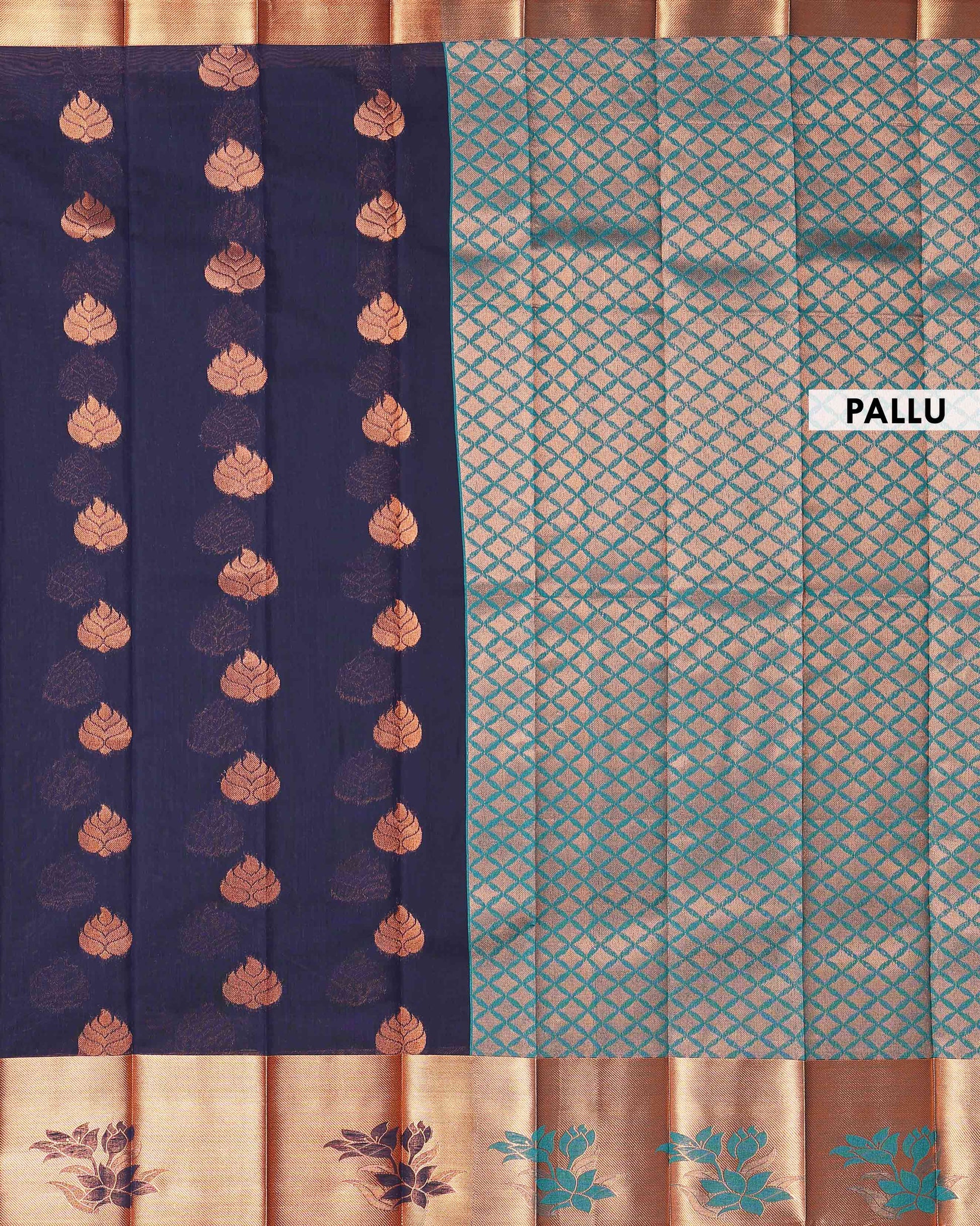 Elegant Elampillai Handloom Silk Cotton Saree with Intricate Copper Zari Motifs and Rich Contrast Border - Navy Blue