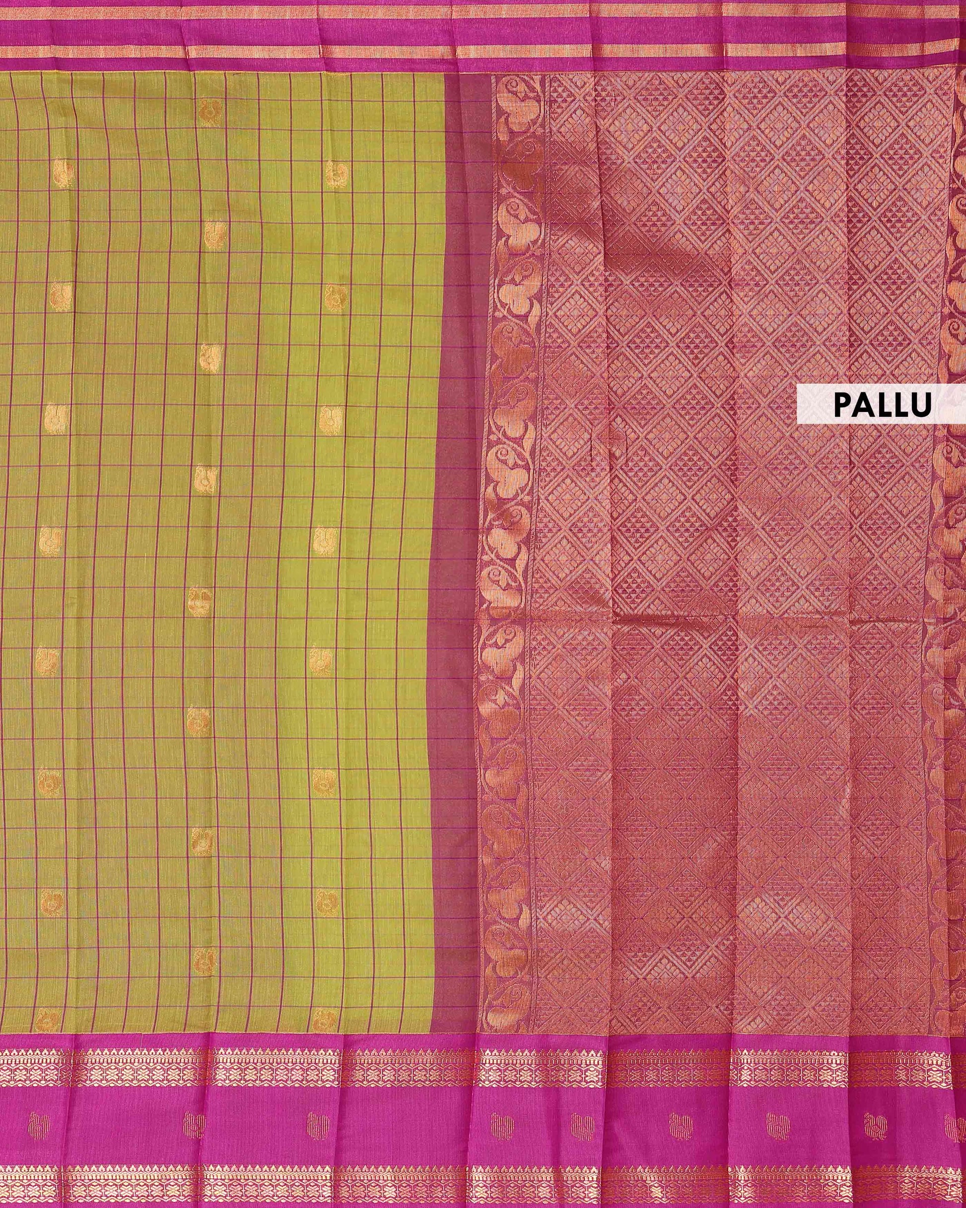 Elegant Elampillai Handloom Silk Cotton Saree with Traditional Zari Checks and Contrast Korvai Border - Green