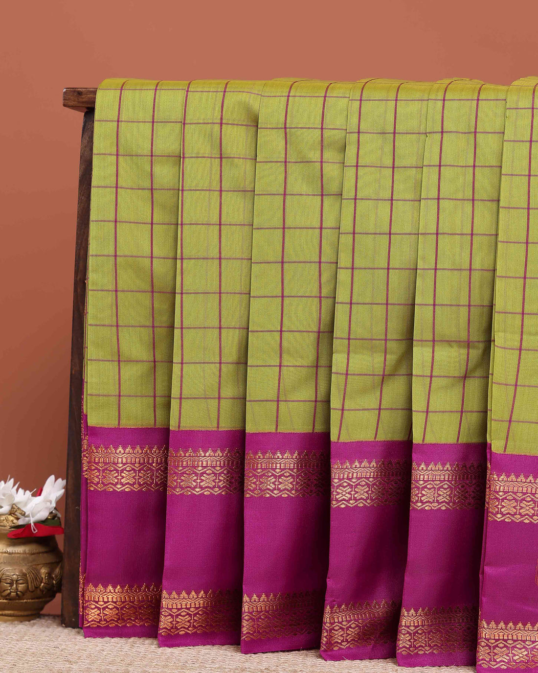 Elegant Elampillai Handloom Silk Cotton Saree with Traditional Zari Checks and Contrast Korvai Border - Green