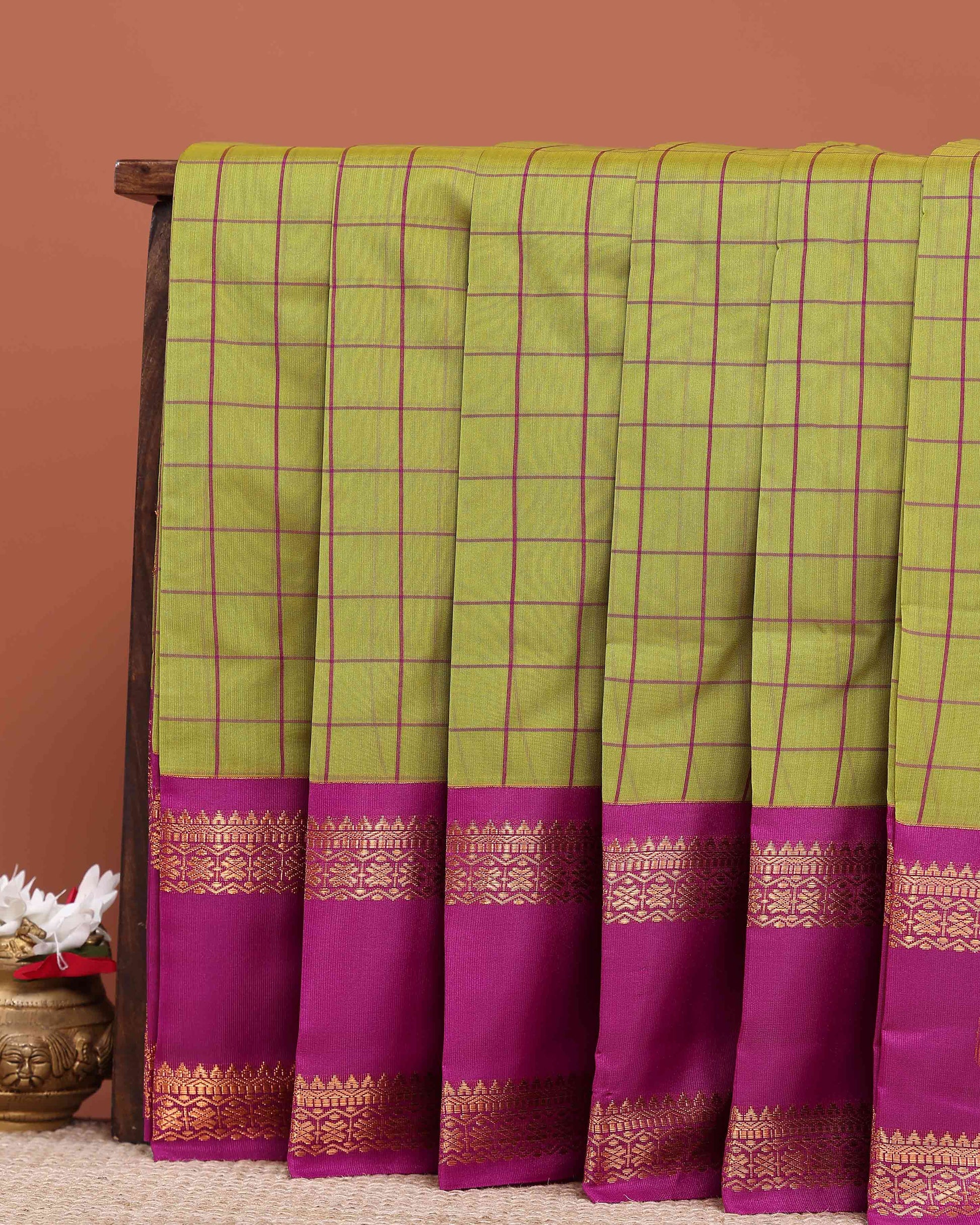 Elegant Elampillai Handloom Silk Cotton Saree with Traditional Zari Checks and Contrast Korvai Border - Green