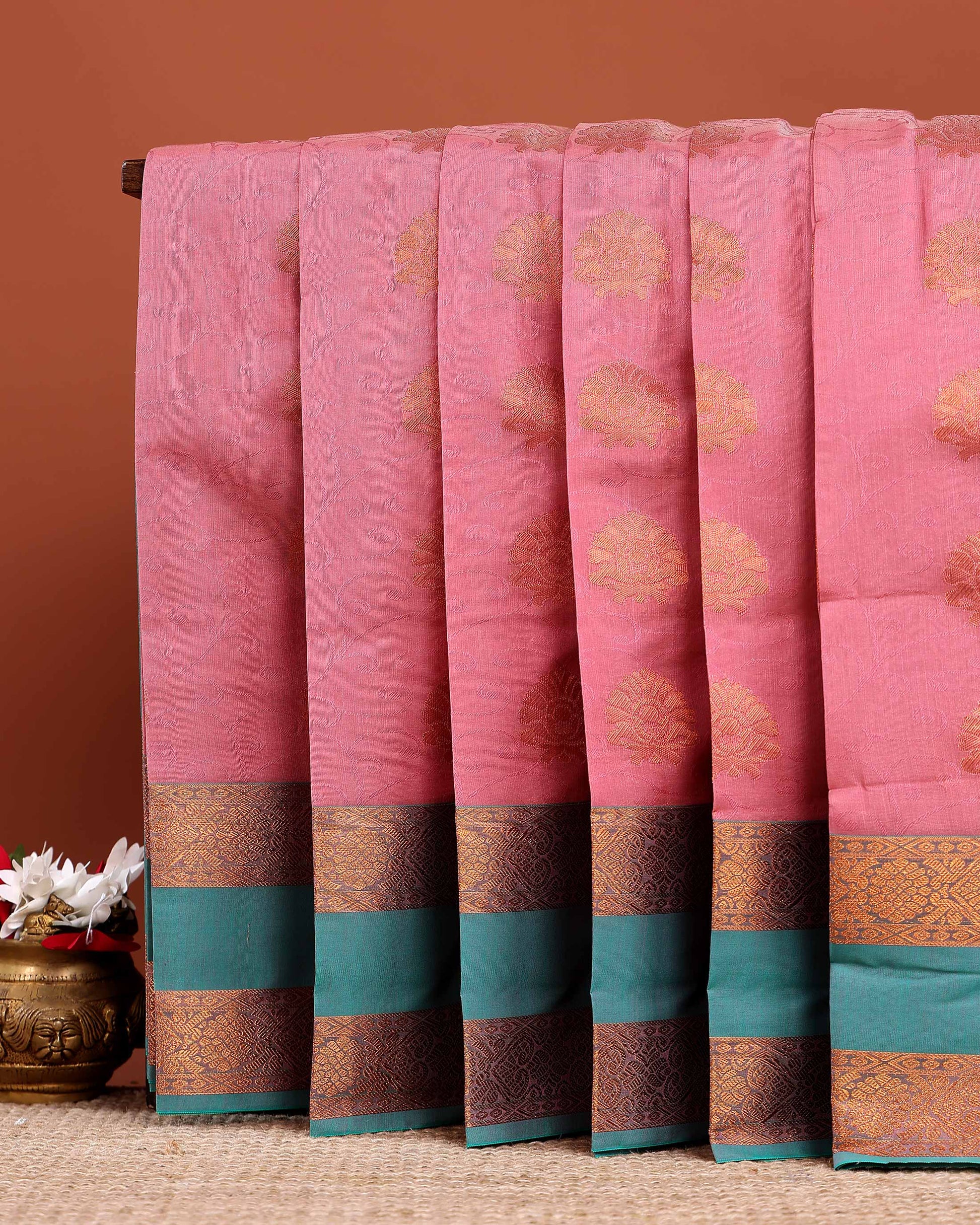 Elegant Elampillai Handloom Silk Cotton Saree with Zari Butta Motifs and Contrasting Temple Border - Pink