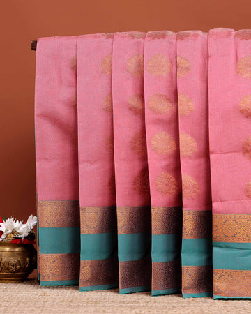 Elegant Elampillai Handloom Silk Cotton Saree with Zari Butta Motifs and Contrasting Temple Border - Pink