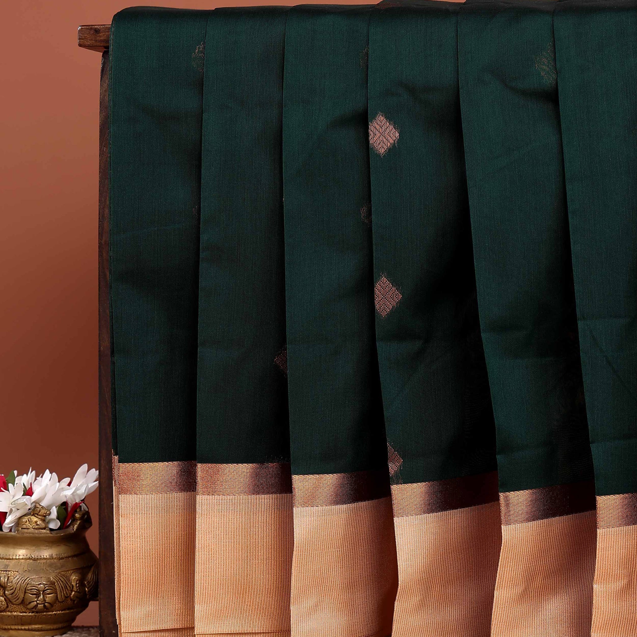 Elegant Elampillai Handloom Silk Cotton Saree with Zari Motifs and Contrast Border - Dark Green