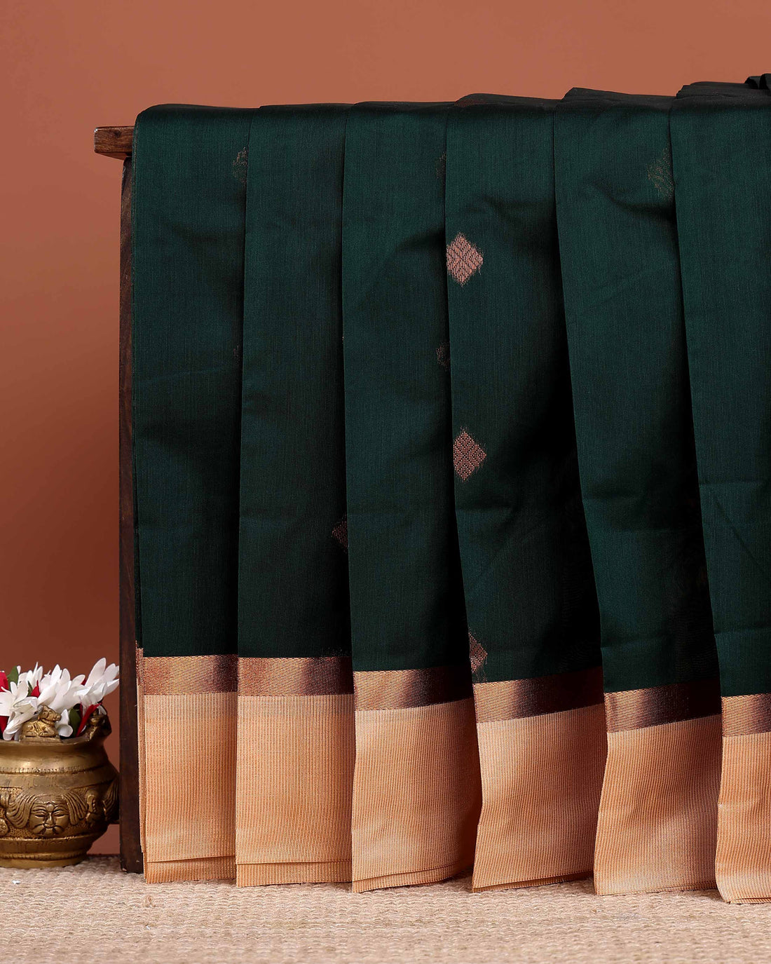 Elegant Elampillai Handloom Silk Cotton Saree with Zari Motifs and Contrast Border - Dark Green