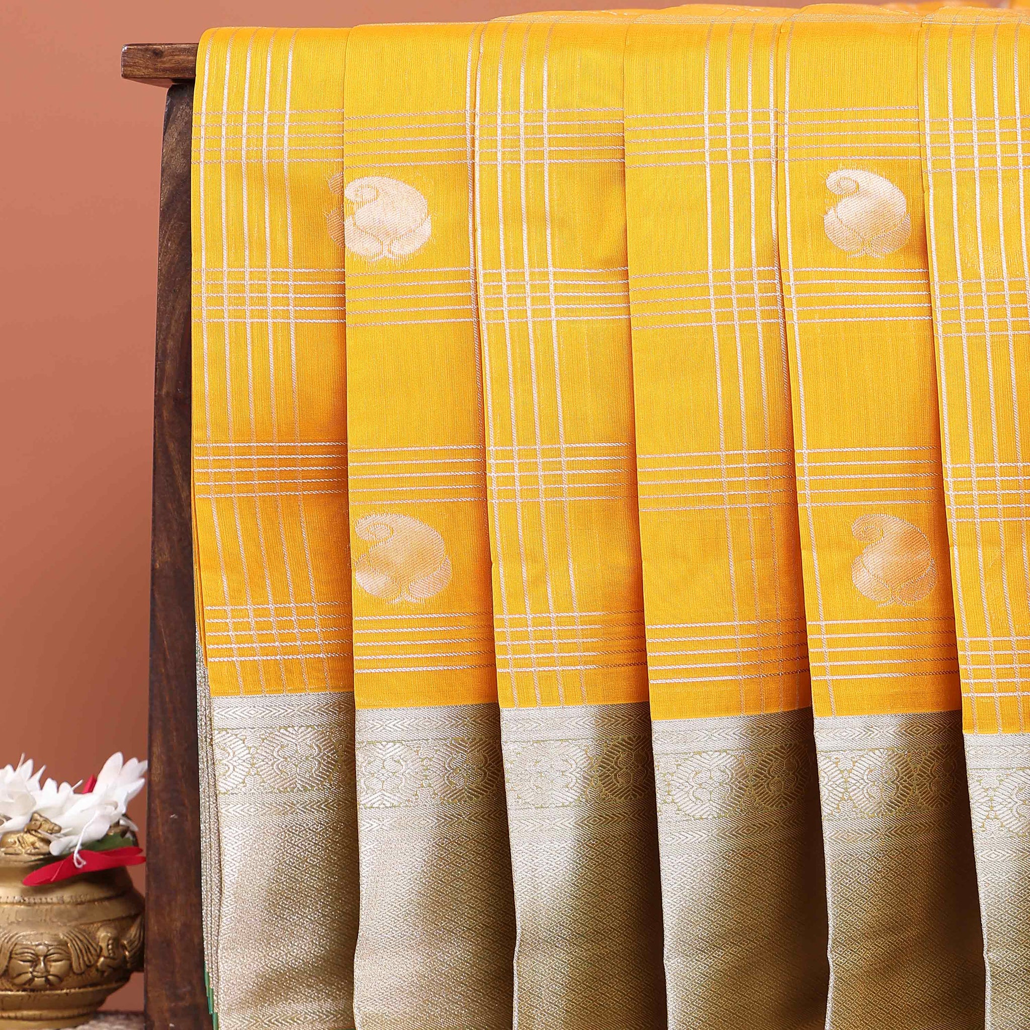Elegant Elampillai Silk Cotton Handloom Saree with Striped Zari Weave and Silver Border - Yellow