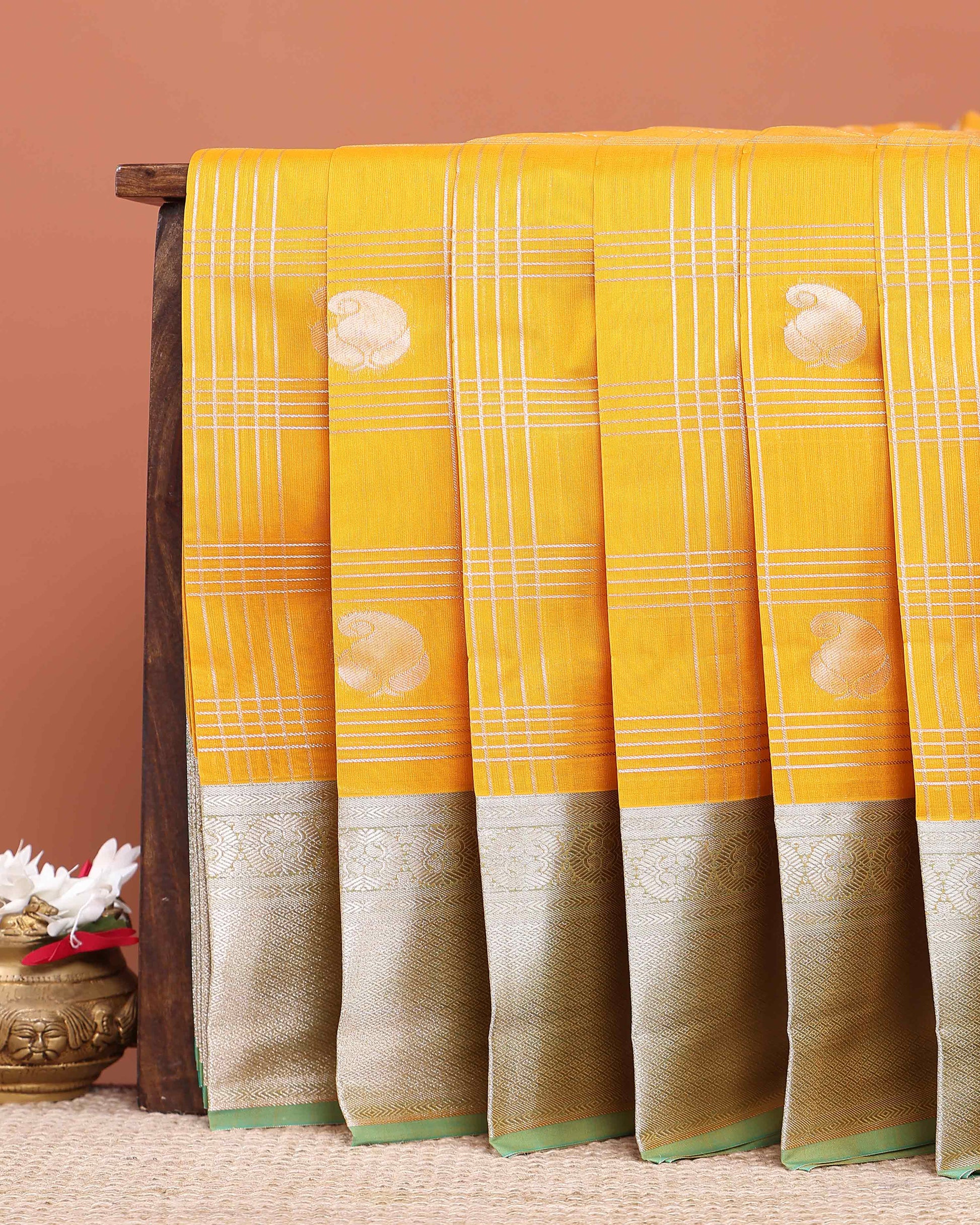 Elegant Elampillai Silk Cotton Handloom Saree with Striped Zari Weave and Silver Border - Yellow
