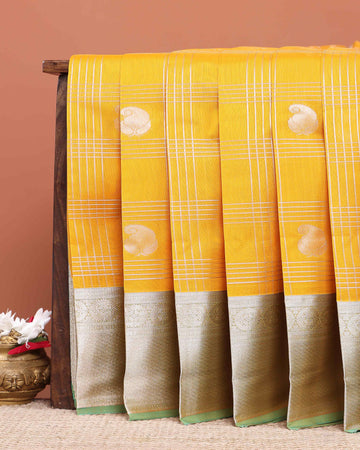 Elegant Elampillai Silk Cotton Handloom Saree with Striped Zari Weave and Silver Border - Yellow