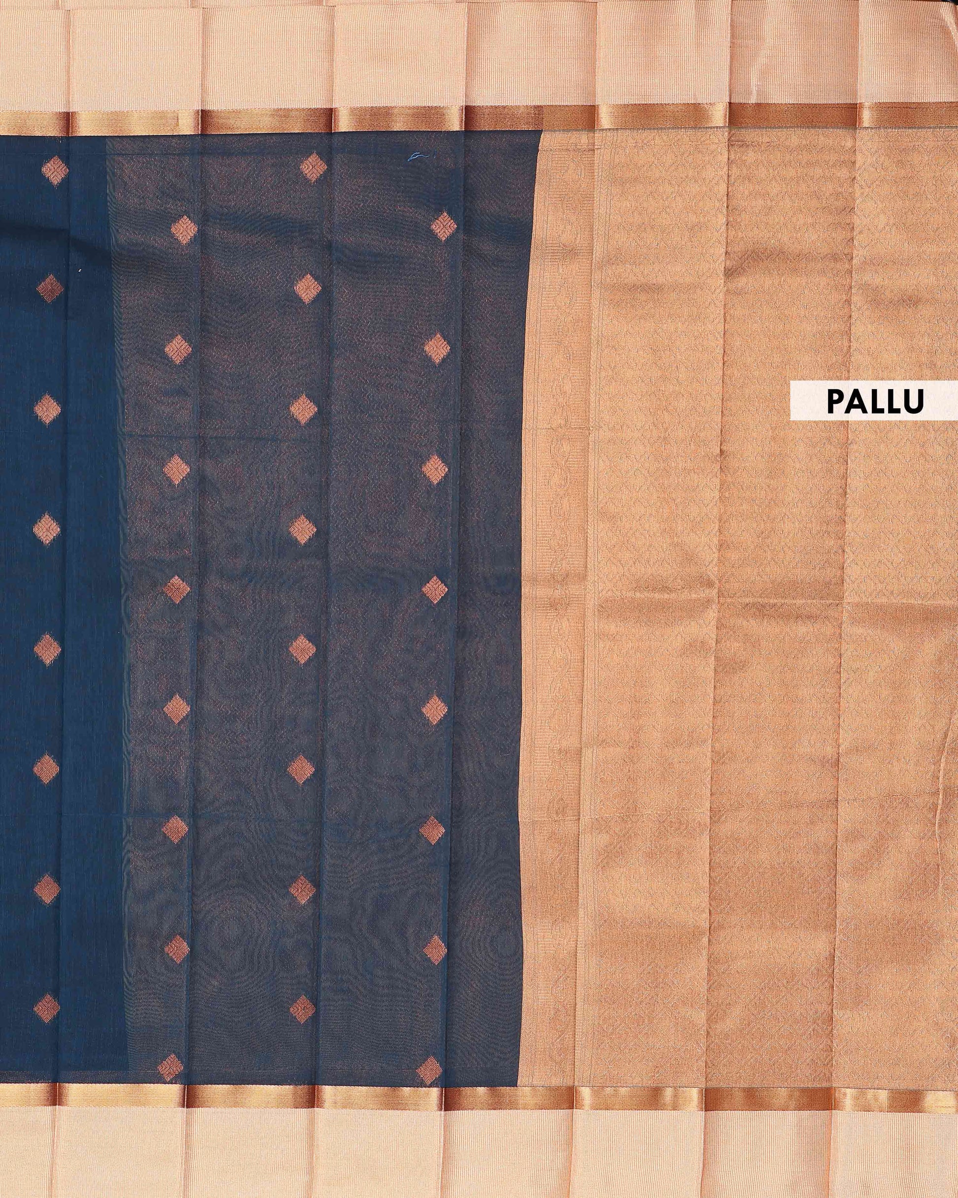 Elegant Elampillai Silk Cotton Saree with All-Over Butta Motifs and Contrast Border - Dark Teal