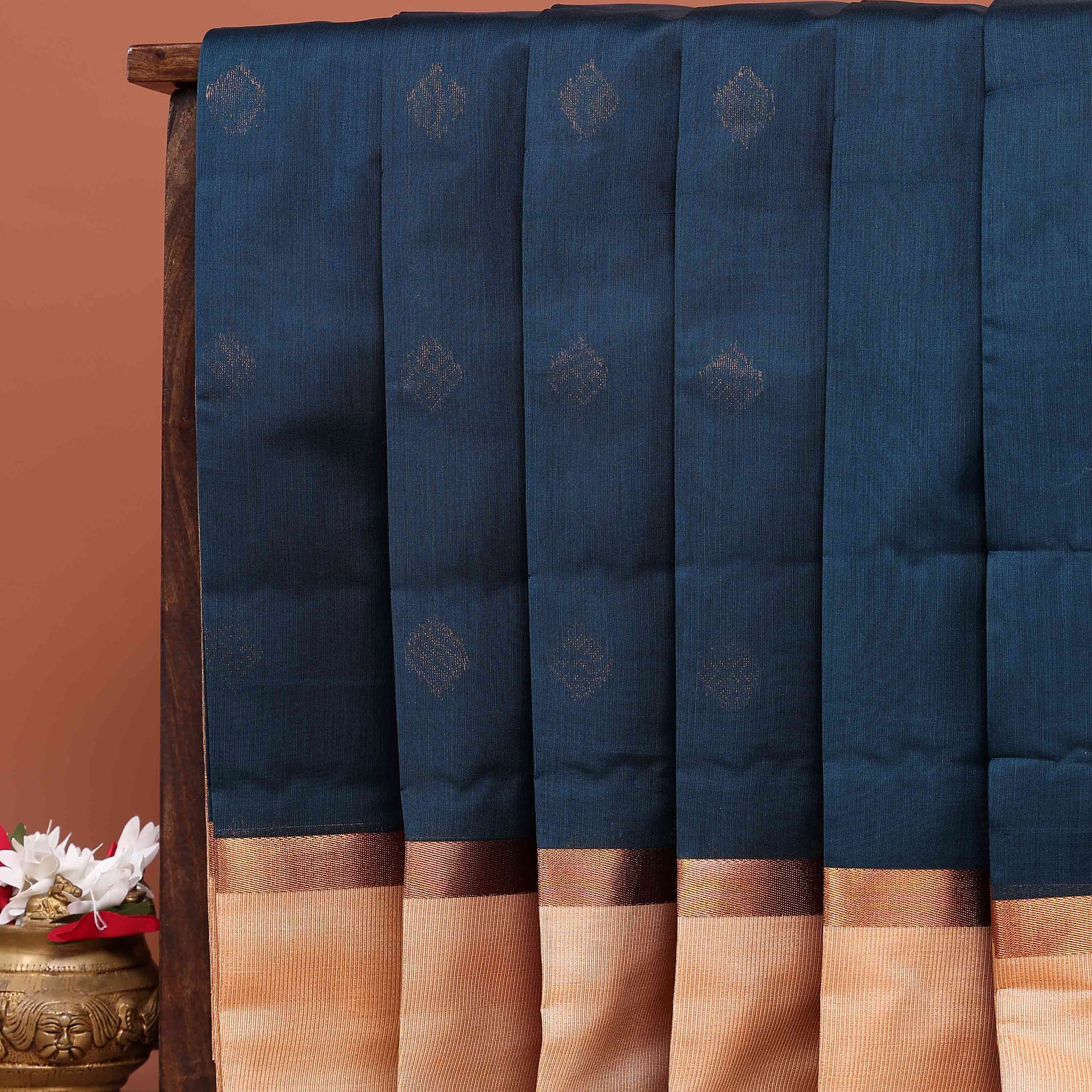 Elegant Elampillai Silk Cotton Saree with All-Over Butta Motifs and Contrast Border - Dark Teal
