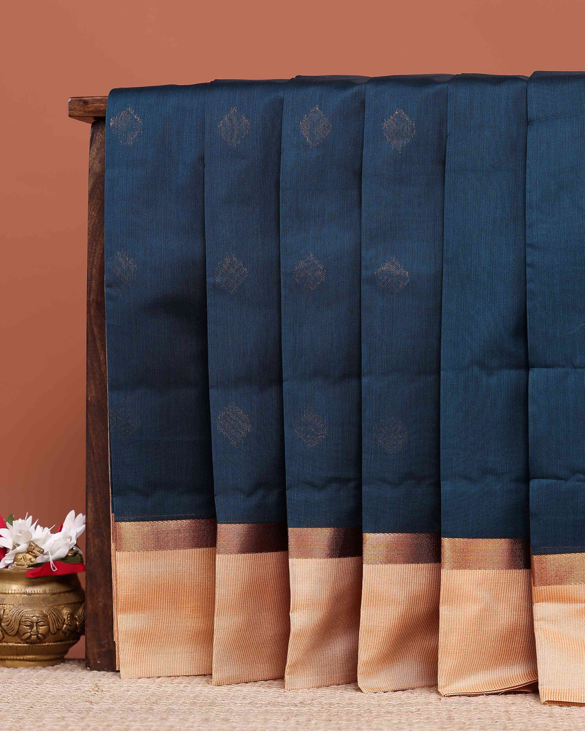Elegant Elampillai Silk Cotton Saree with All-Over Butta Motifs and Contrast Border - Dark Teal