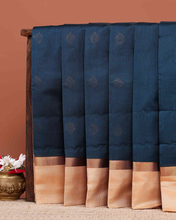 Elegant Elampillai Silk Cotton Saree with All-Over Butta Motifs and Contrast Border - Dark Teal