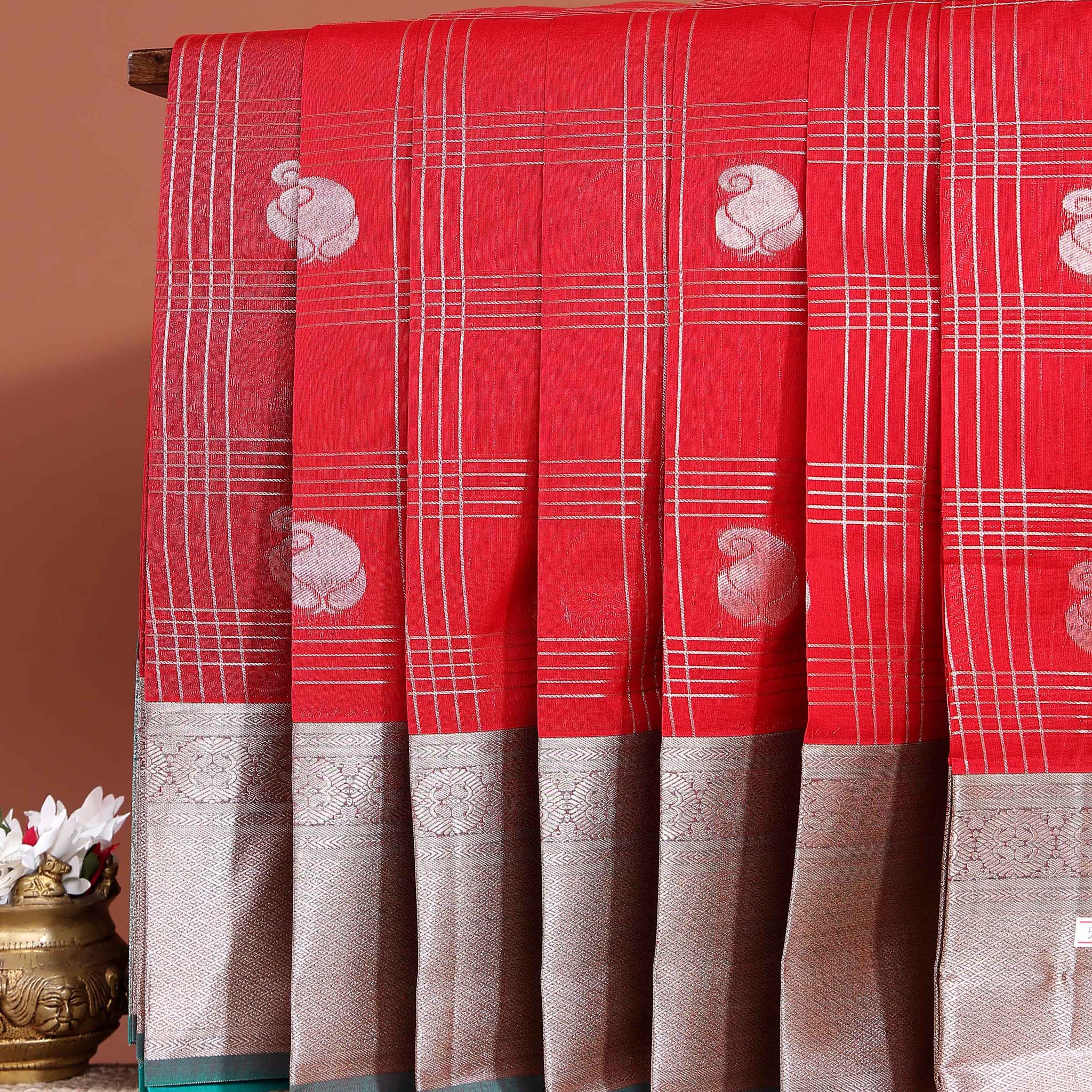 Elegant Elampillai Silk Cotton Saree with Allover Silver Zari Woven Checked Pattern and Silver Zari Woven Border - Red