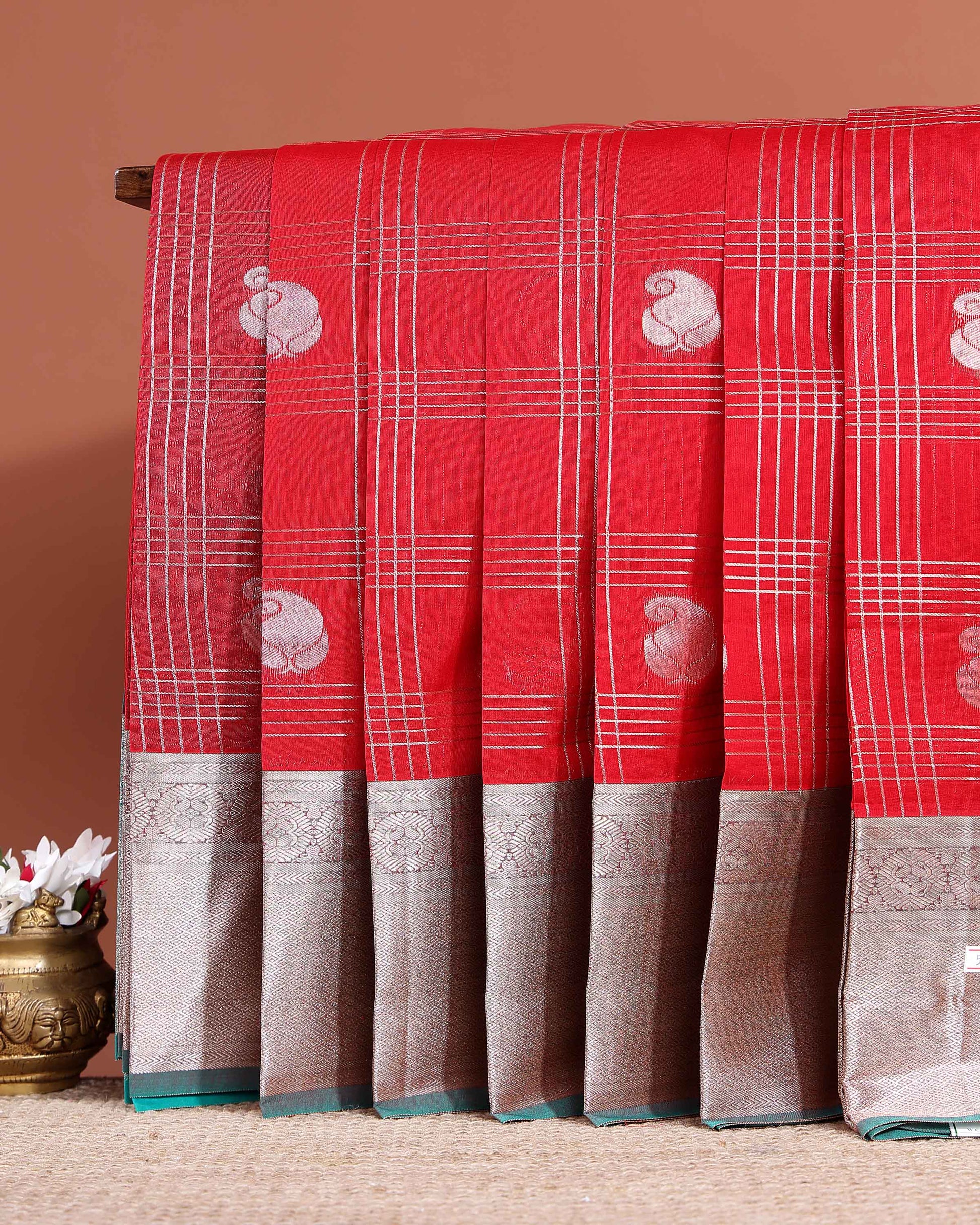 Elegant Elampillai Silk Cotton Saree with Allover Silver Zari Woven Checked Pattern and Silver Zari Woven Border - Red