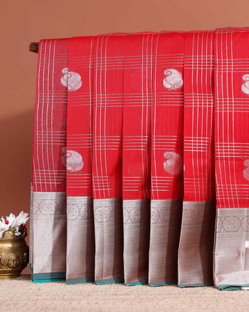 Elegant Elampillai Silk Cotton Saree with Allover Silver Zari Woven Checked Pattern and Silver Zari Woven Border - Red