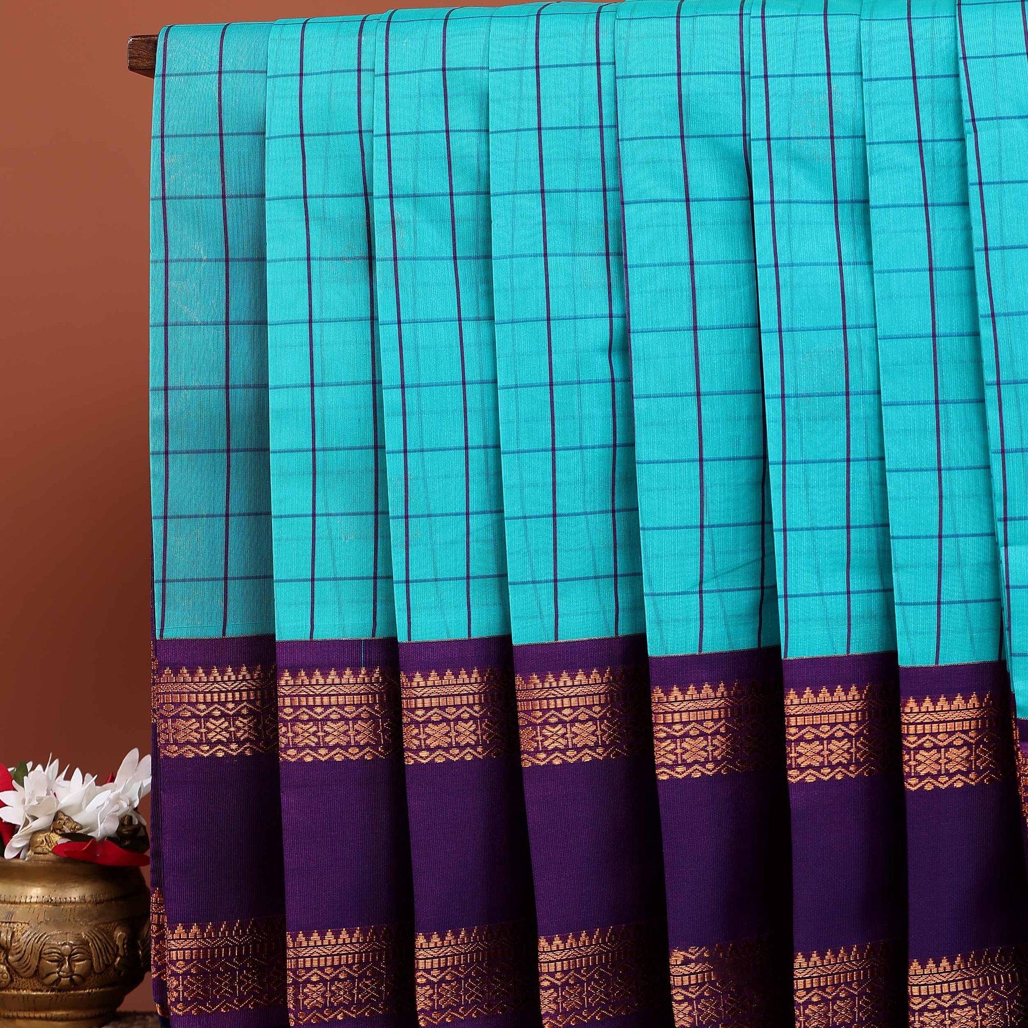 Elegant Elampillai Silk Cotton Saree with Checkered Body and Intricate Zari Woven Contrast Border - Blue