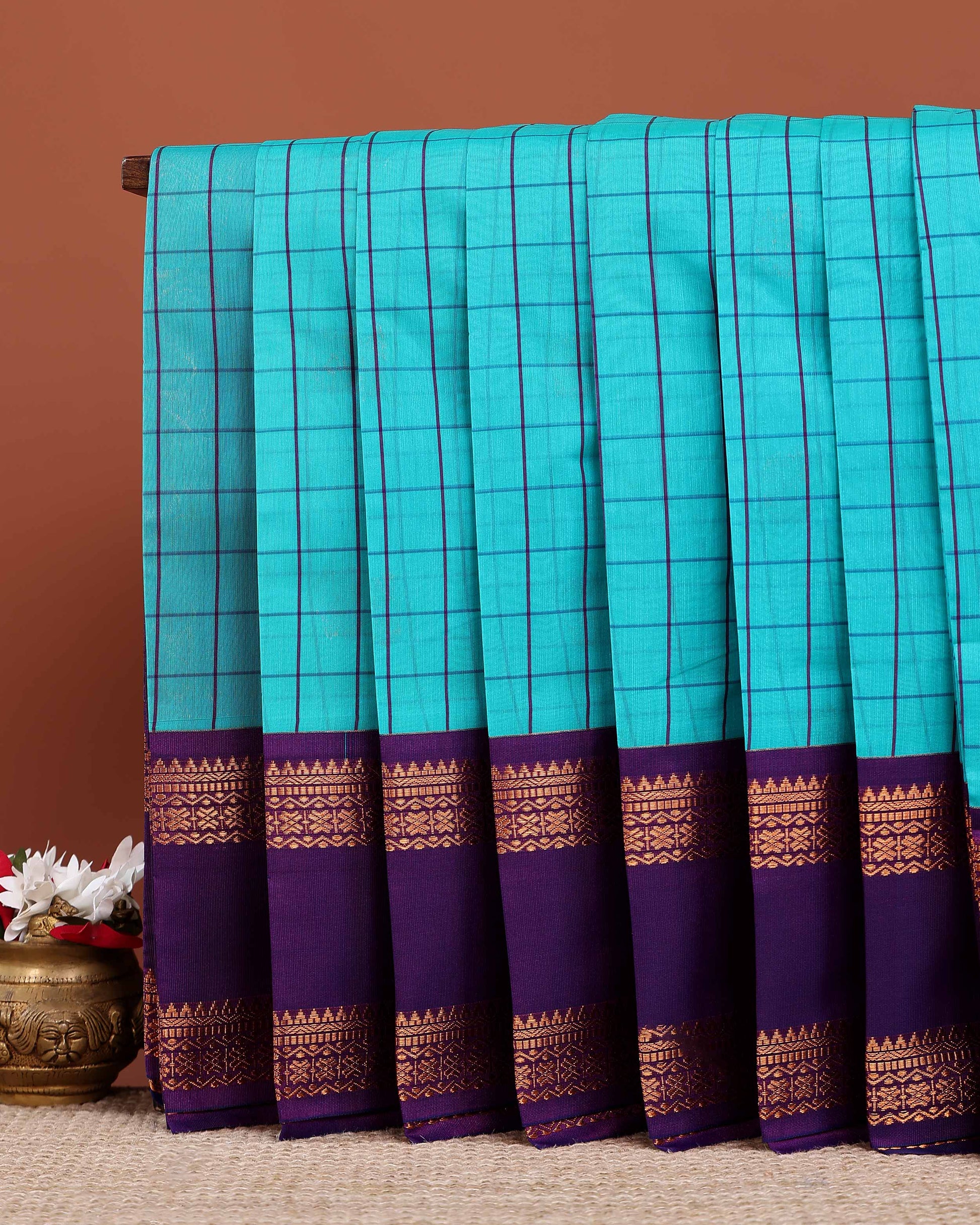 Elegant Elampillai Silk Cotton Saree with Checkered Body and Intricate Zari Woven Contrast Border - Blue