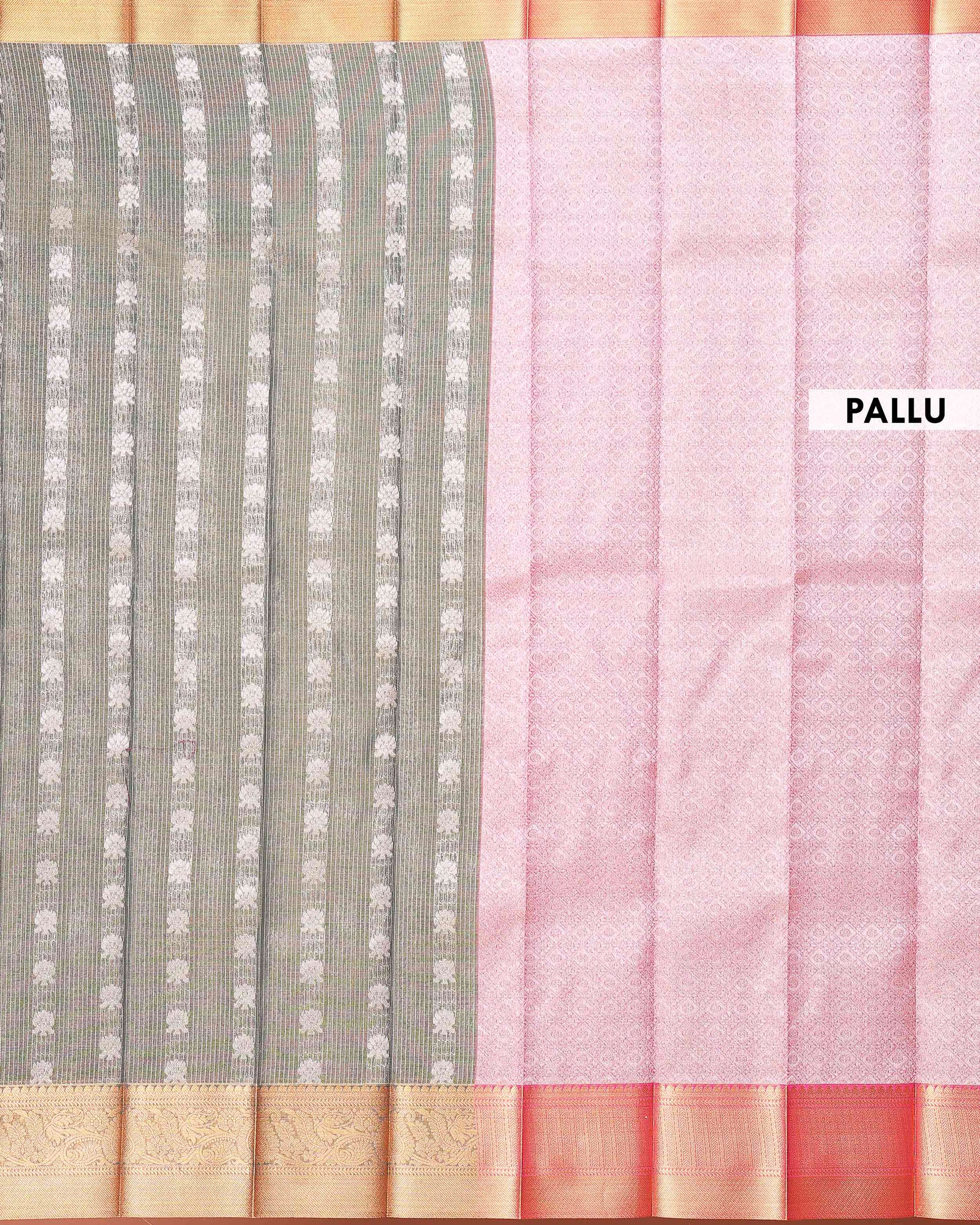 Elegant Elampillai Silk Cotton Saree with Checkered Weave and Floral Motifs - Grey