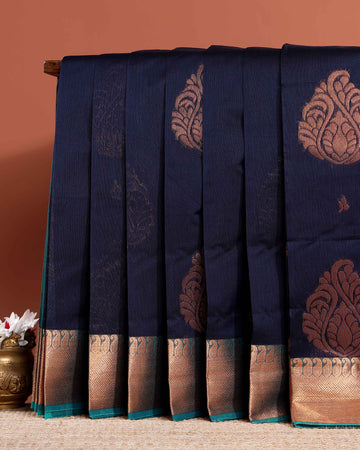 Elegant Elampillai Silk Cotton Saree with Classic Zari Border and Paisley Motifs - Navy Blue