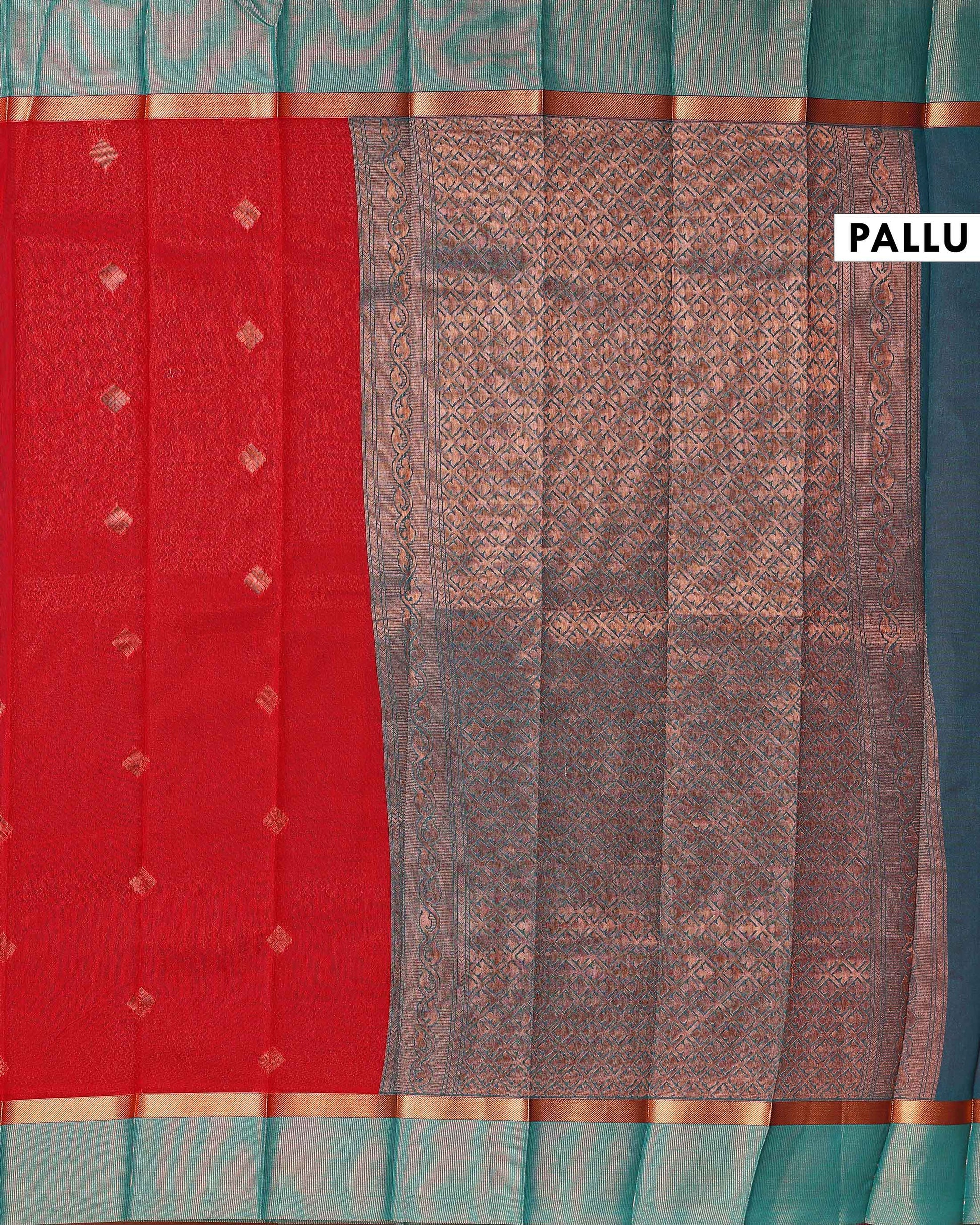 Elegant Elampillai Silk Cotton Saree with Contrast Zari Border and Zari Buttas - Red