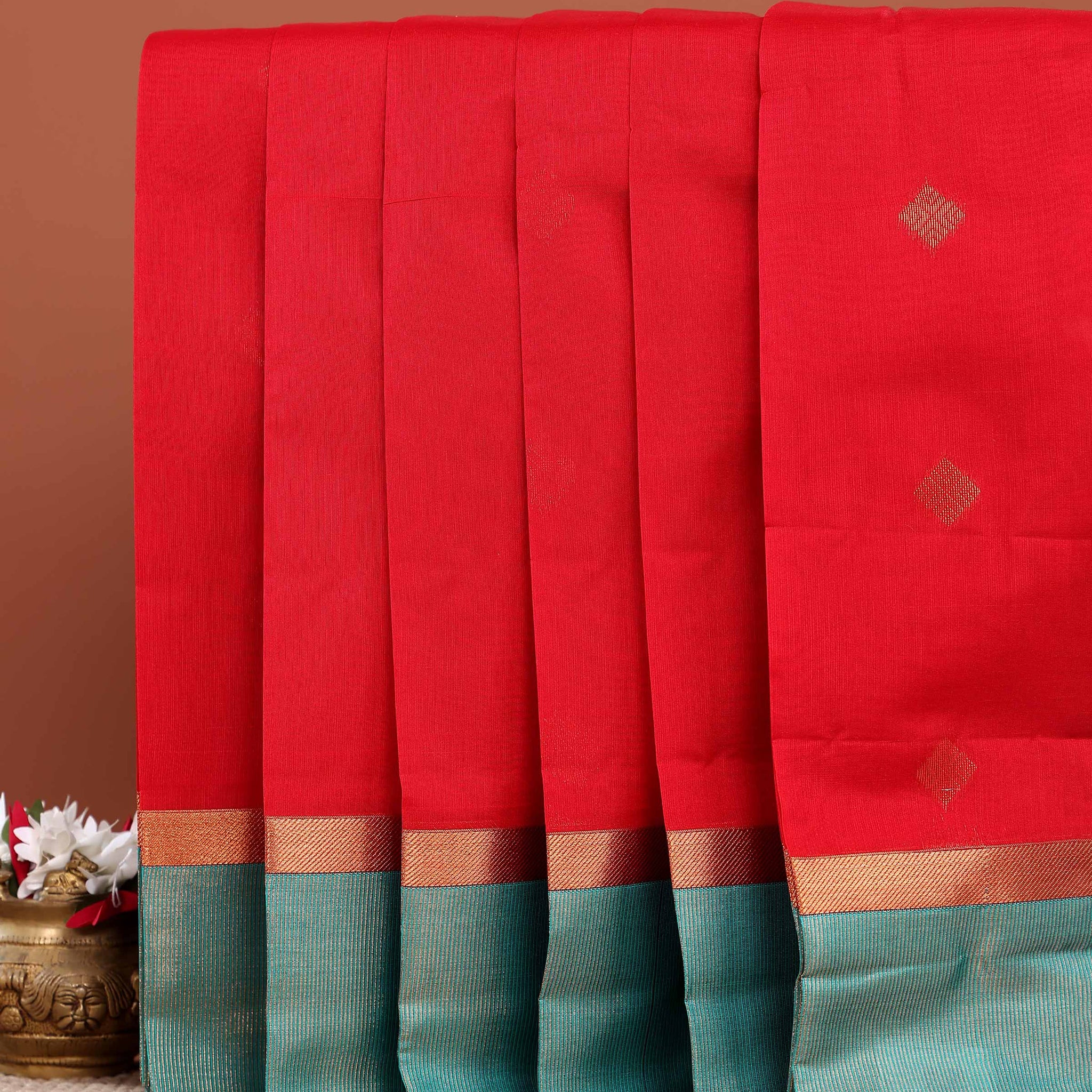 Elegant Elampillai Silk Cotton Saree with Contrast Zari Border and Zari Buttas - Red