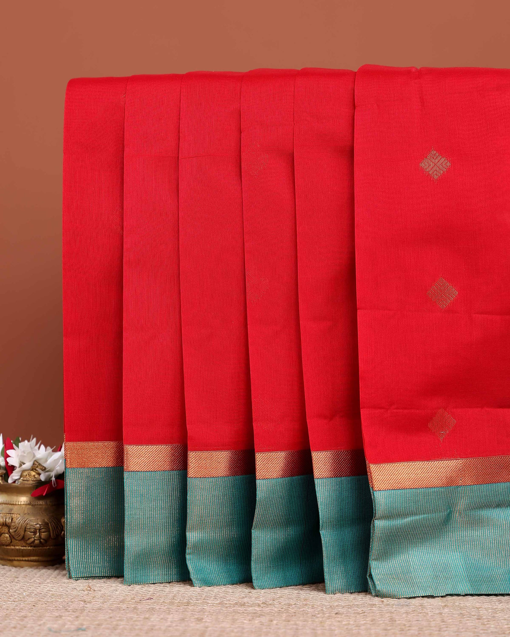 Elegant Elampillai Silk Cotton Saree with Contrast Zari Border and Zari Buttas - Red