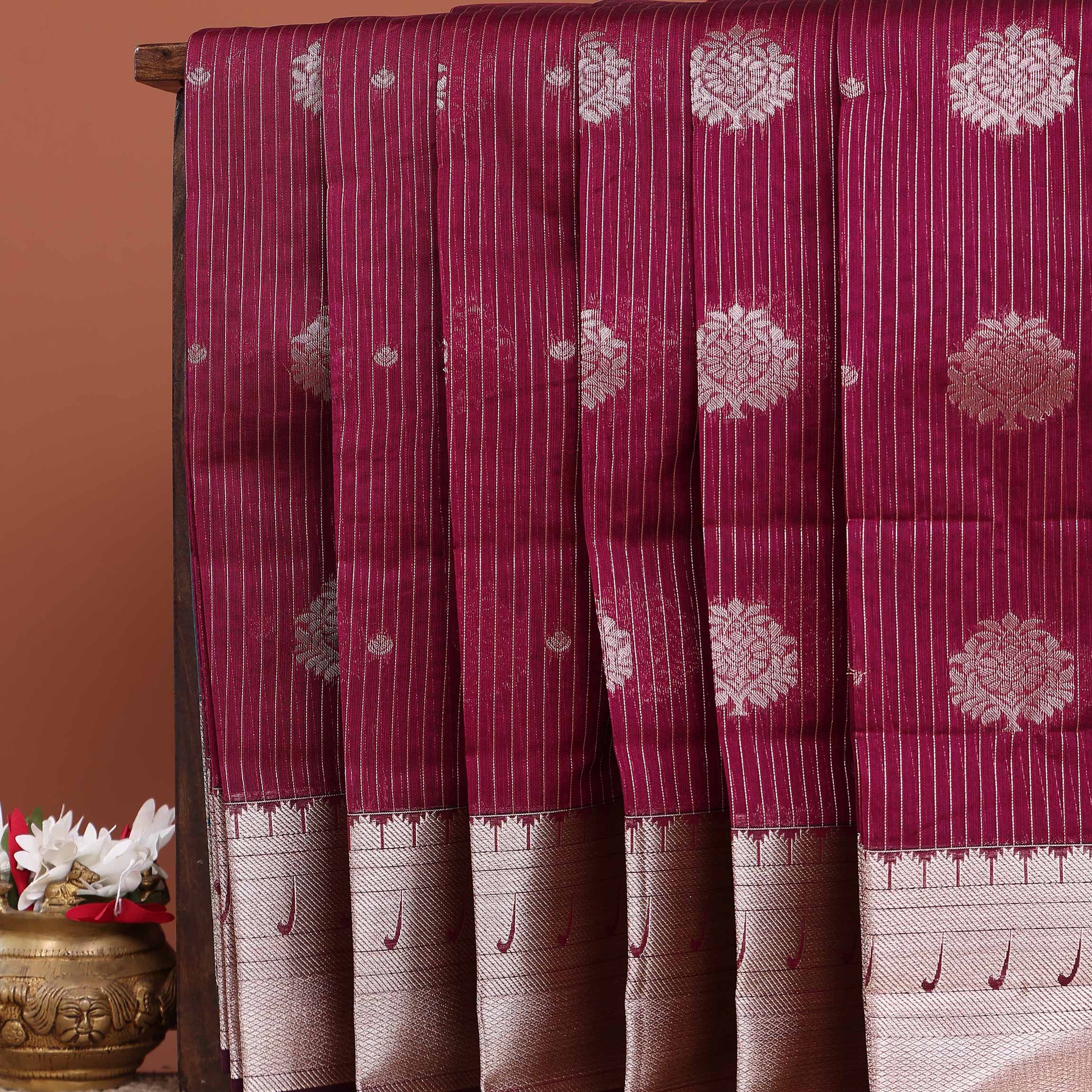 Elegant Elampillai Silk Cotton Saree with Elegant Vertical Stripes and Woven Zari Designs - Maroon