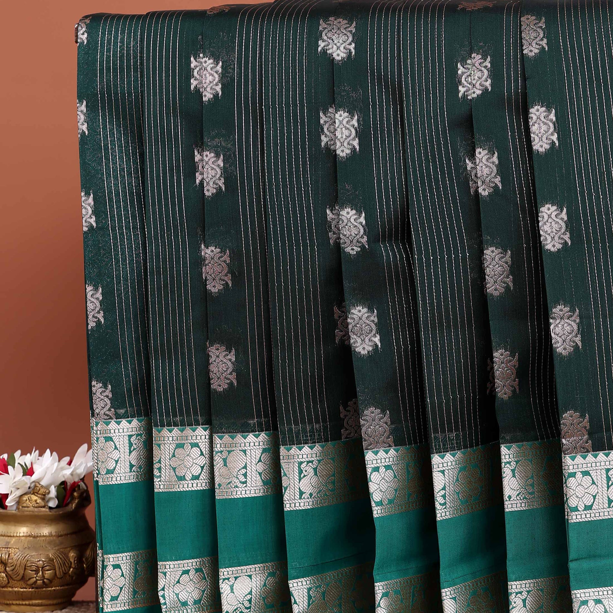 Elegant Elampillai Silk Cotton Saree with Fine Vertical Stripes Traditional Motif Buttas and Rich Zari Woven Border - Green